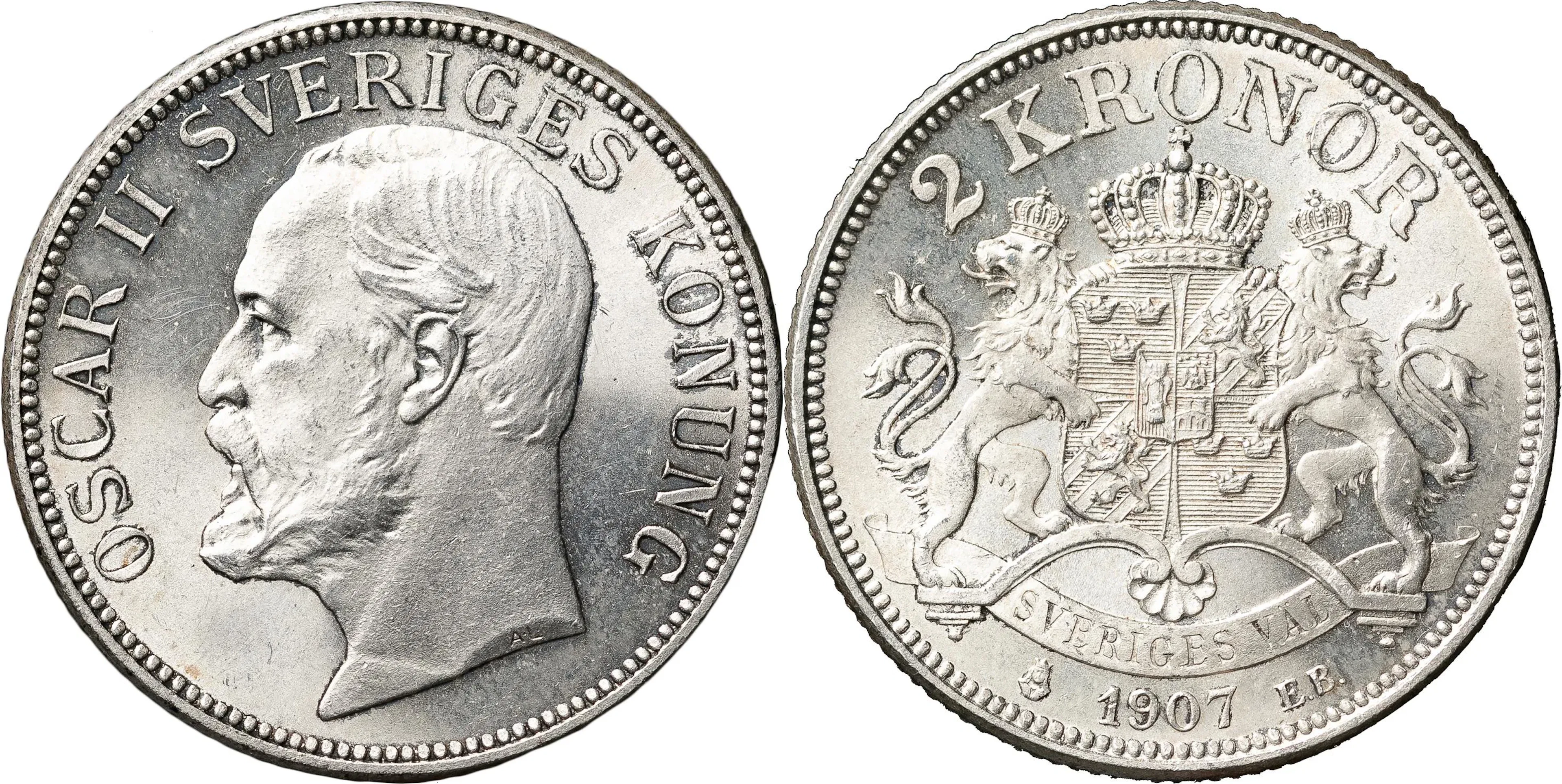 OSKAR II (1872-1907). 2 kronor 1907. SM 60