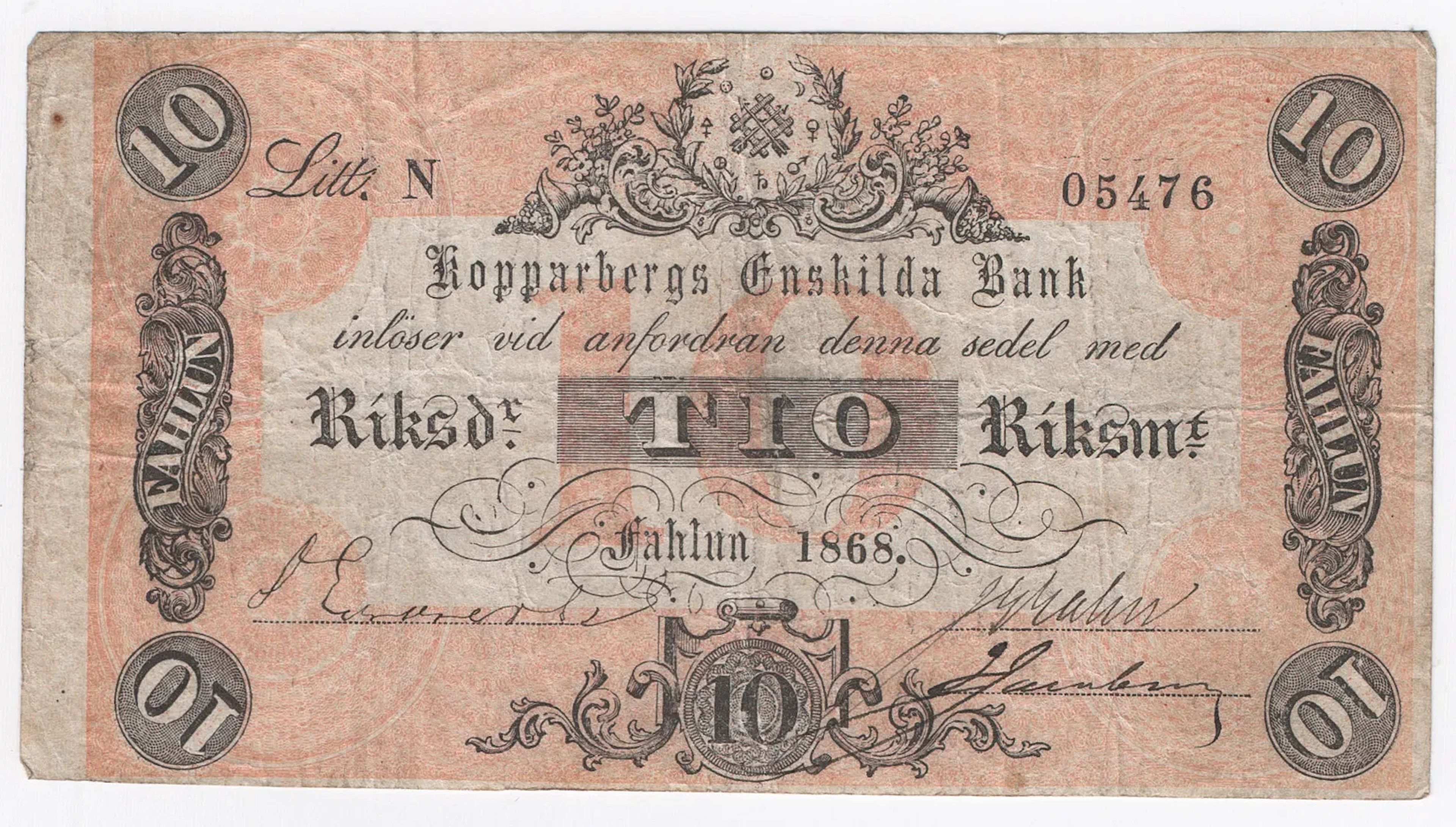 STORA KOPPRABERGS LÄNS OCH BERGSLAGS ENSKILDA BANK. 10 riksdaler riksmynt 1868