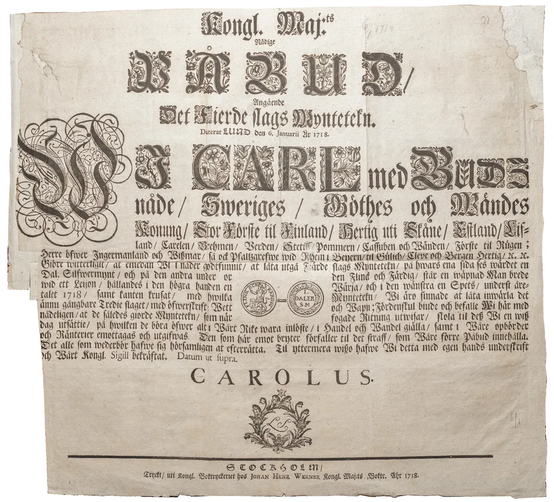 Påbud om mynttecknet Flink och Färdig. Lund den 6 januari 1718