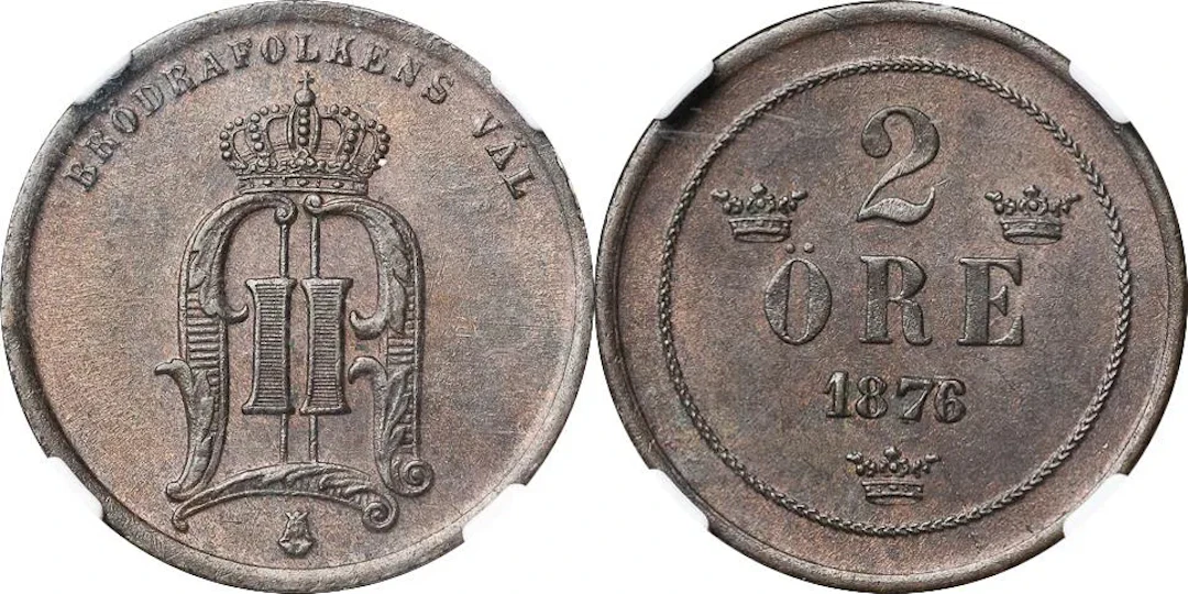OSKAR II (1872-1907). 2 öre 1876. Sista årtalssiffran omgraverad från en 5:a