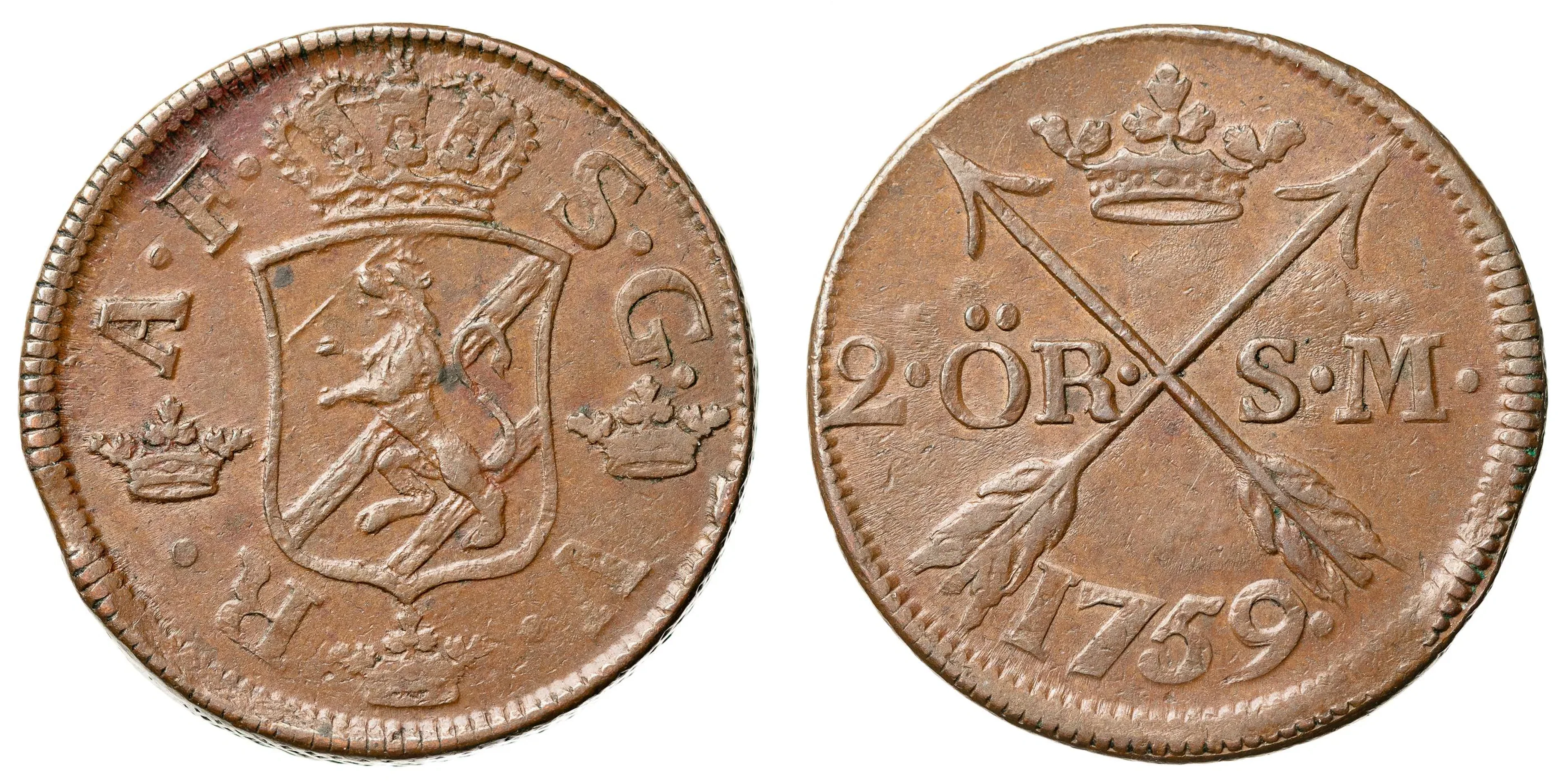 ADOLF FREDRIK (1751-1771). 2 öre SM 1759
