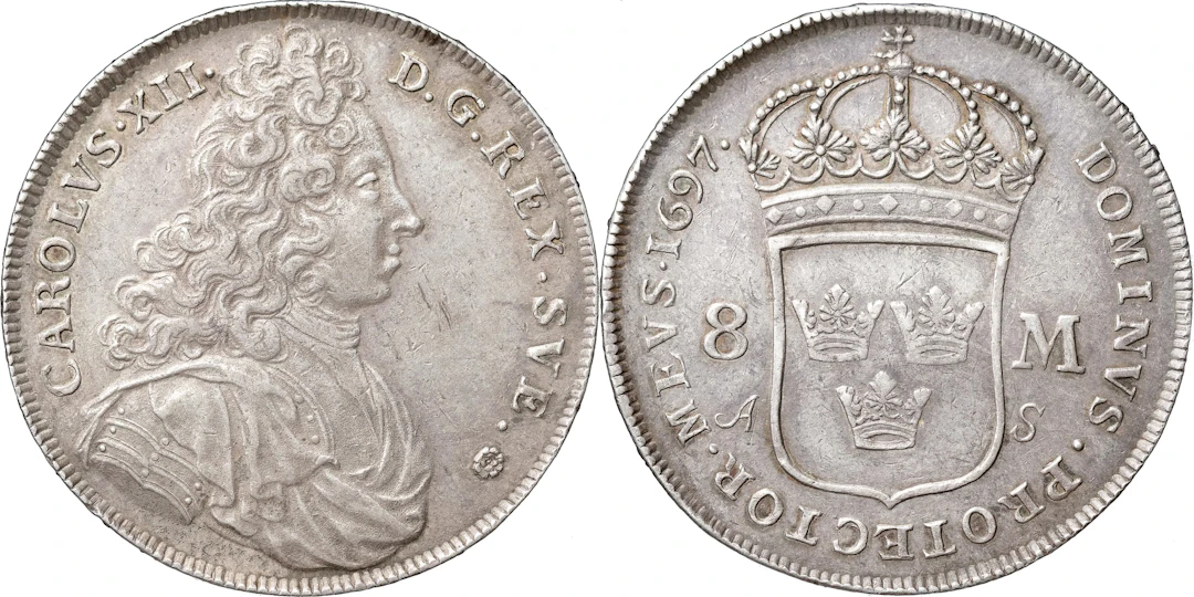 KARL XII (1697-1718). STOCKHOLM. 8 mark 1697