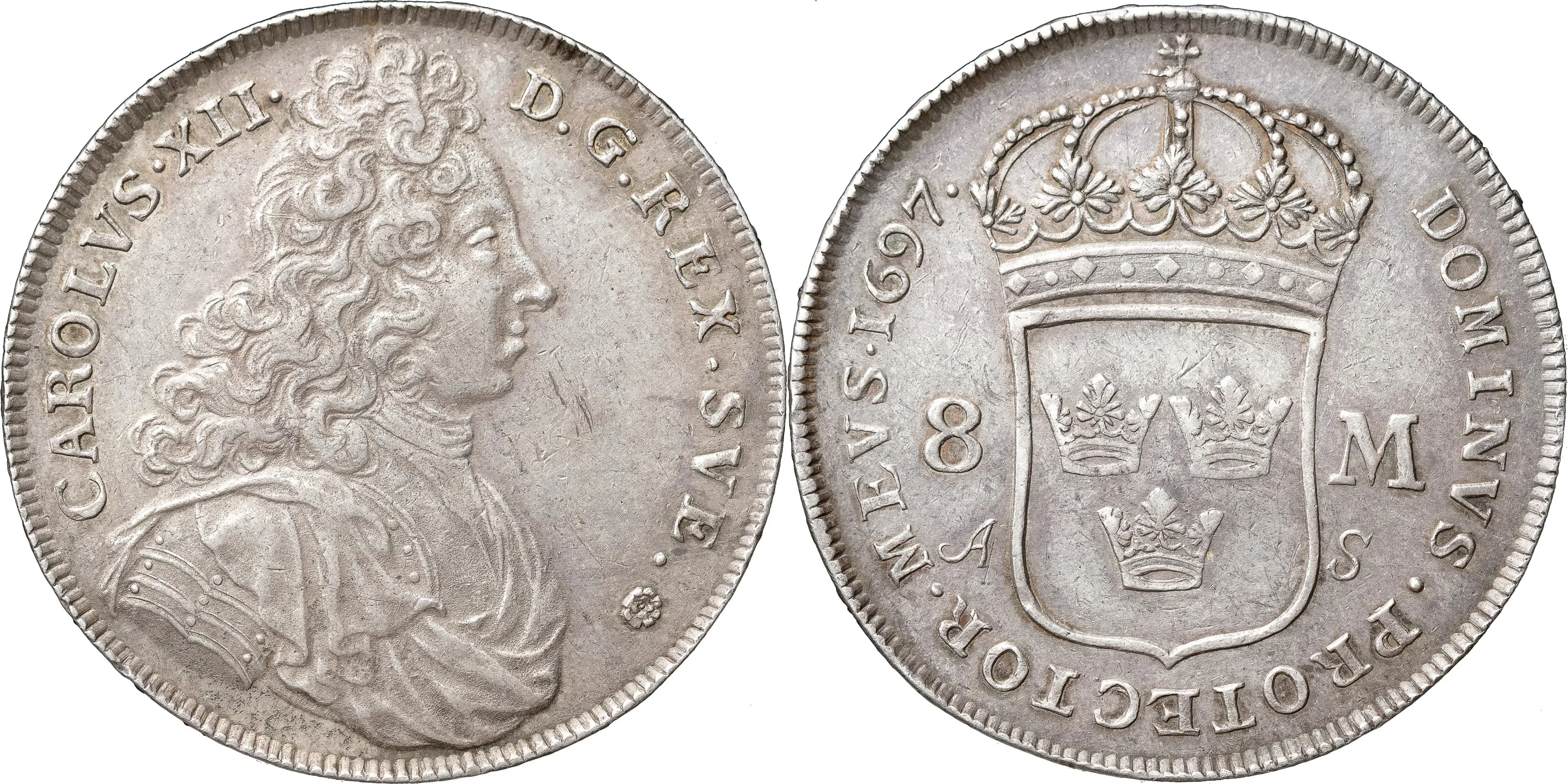 KARL XII (1697-1718). STOCKHOLM. 8 mark 1697