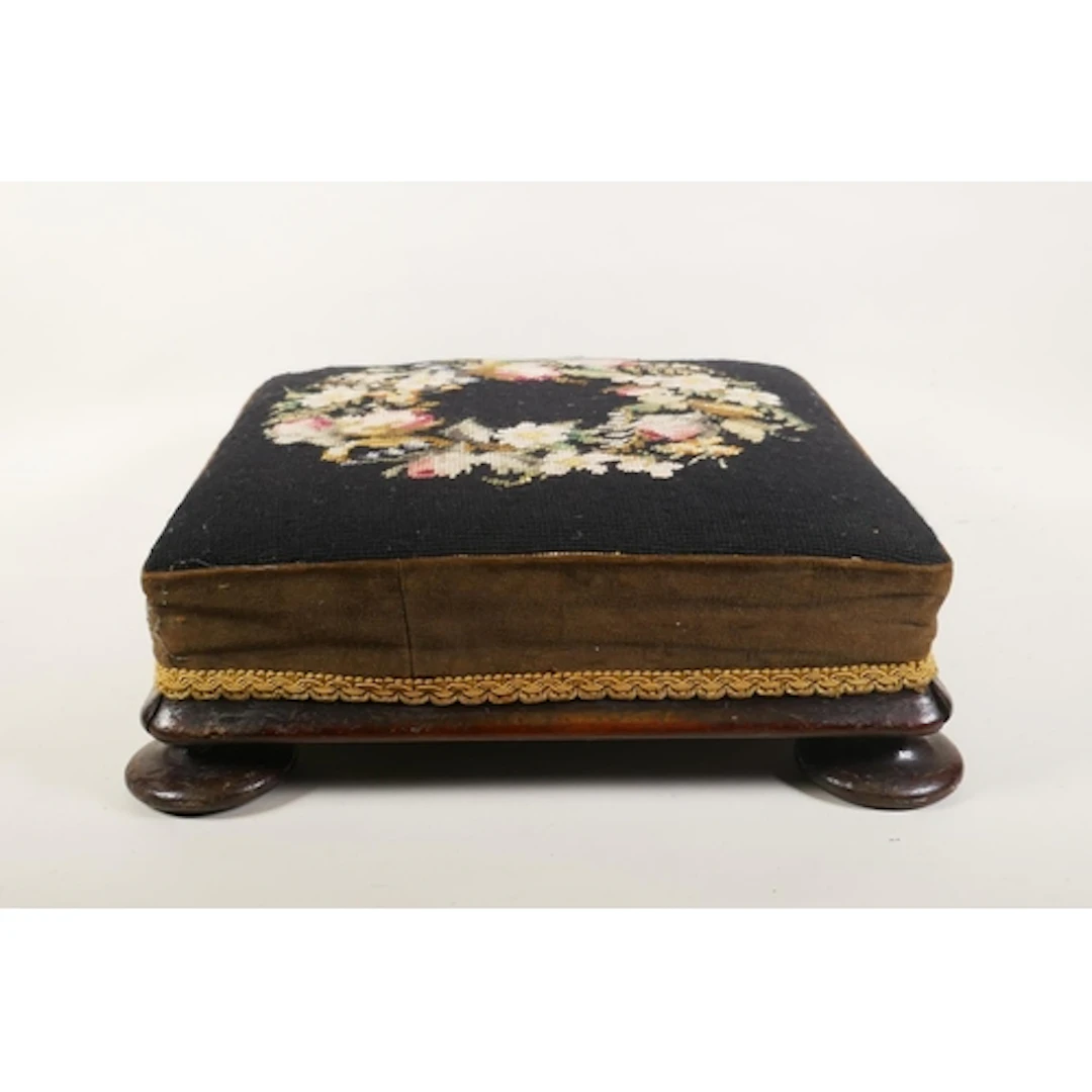 A C19th mahogany foot stool raised on short bun feet, 40 x 4...