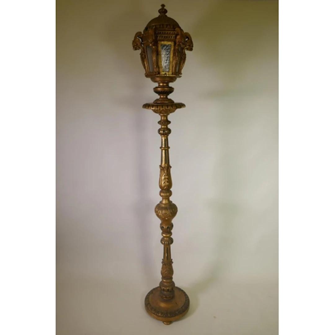 Antique carved giltwood torchere with lantern top, 203cm hig...