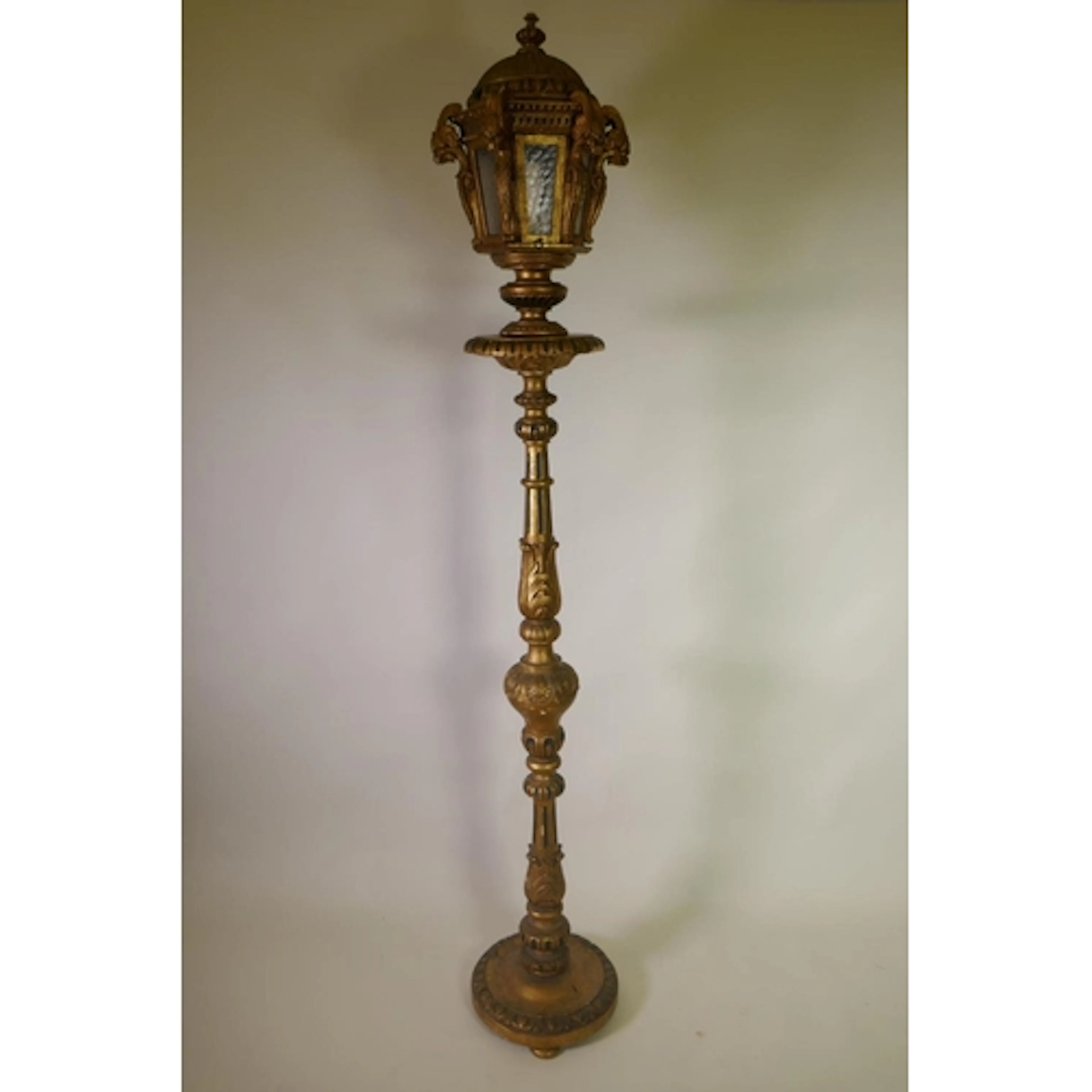 Antique carved giltwood torchere with lantern top, 203cm hig...