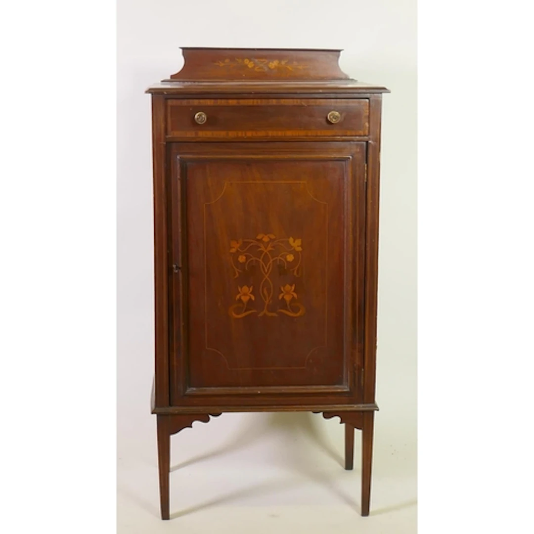 Victorian Art Nouveau inlaid mahogany cabinet with satinwood...