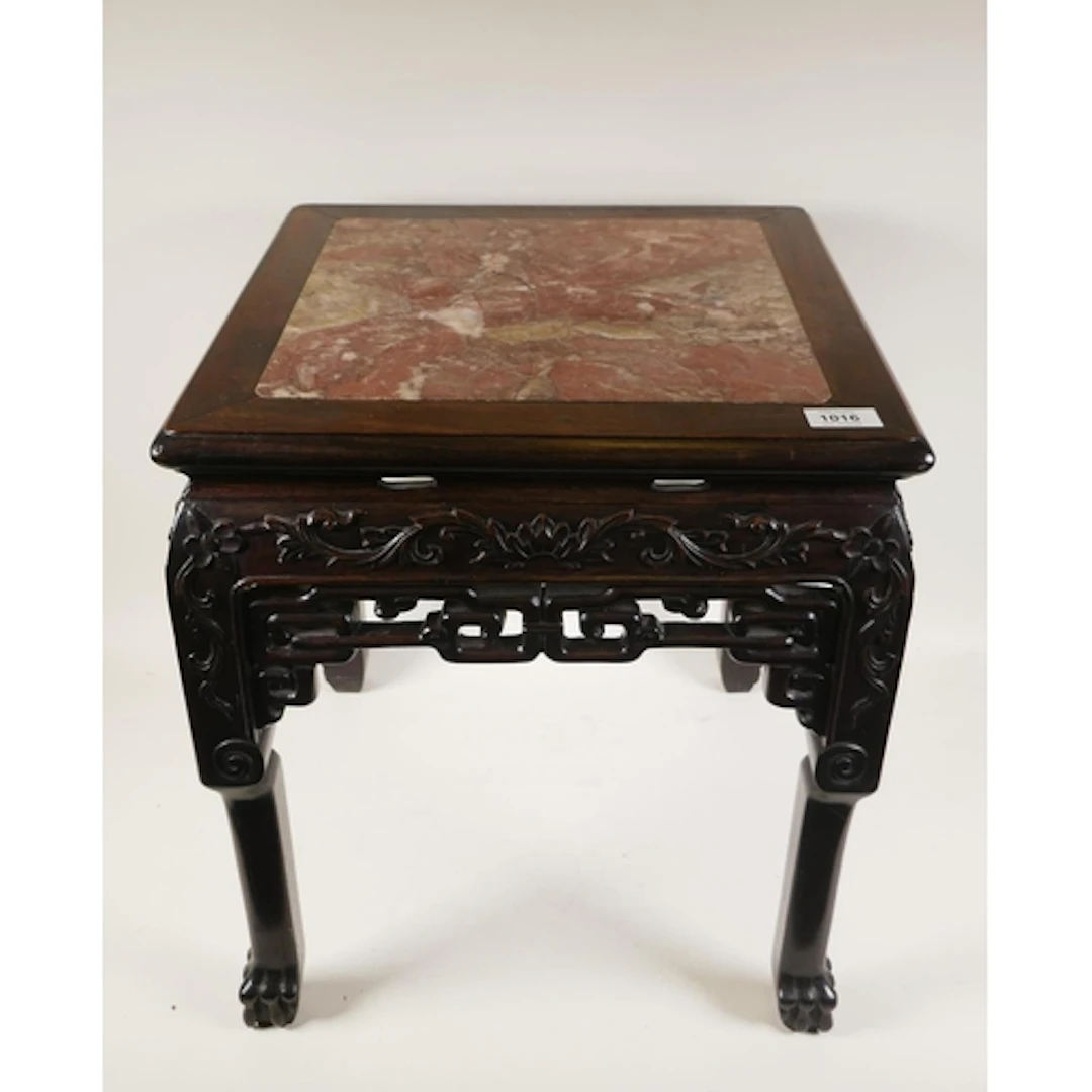 C19th Chinese hardwood vase stand/low table with inset marbl...
