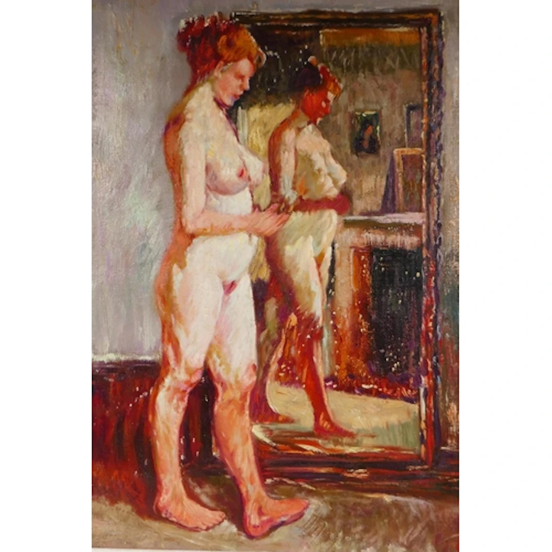 Full length portrait of a female nude, initialled BD, oil on...