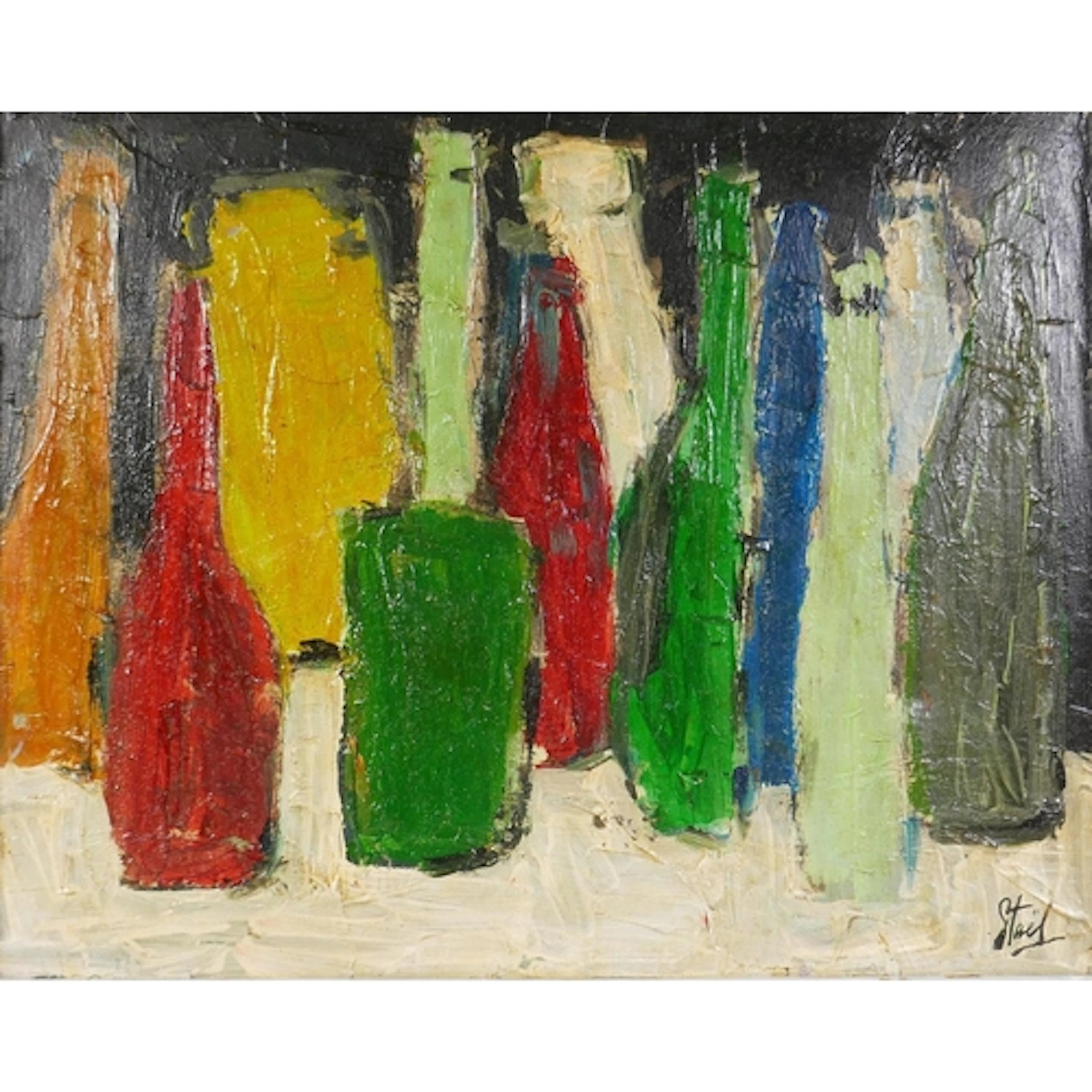 Post war abstract, still life with bottles, bears signature ...