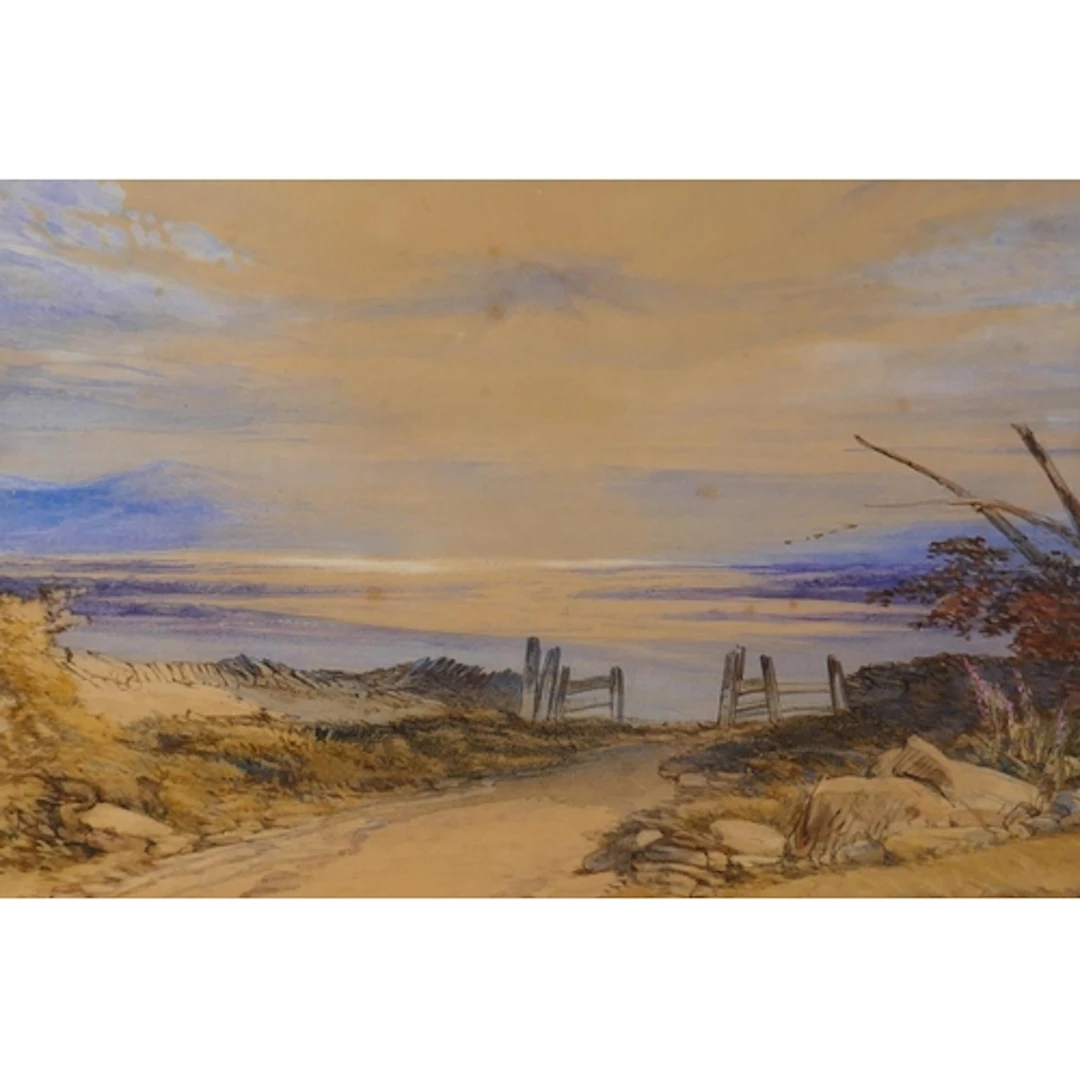 Victorian lake scene with distant hills, watercolour, 46 x 2...
