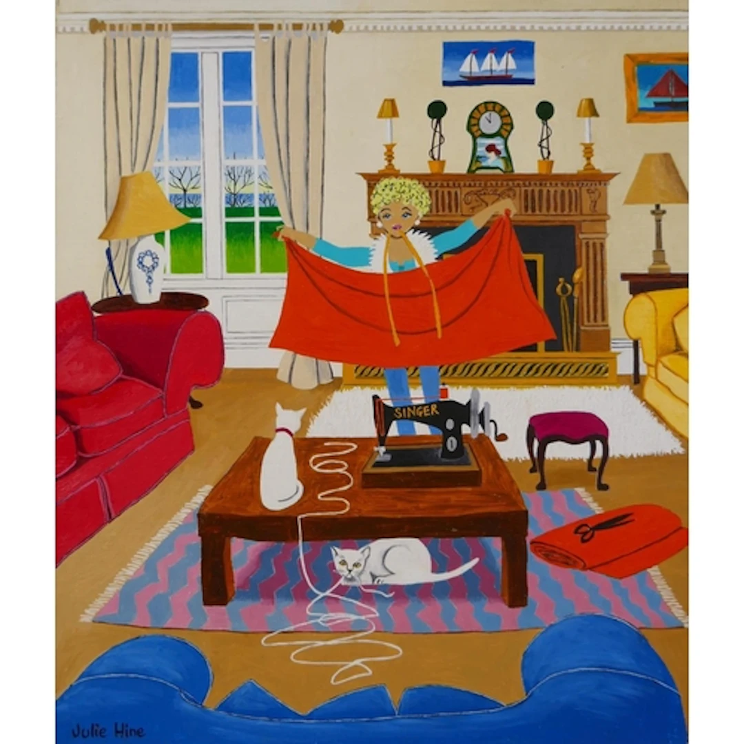 Julie Hine, (British, b.1945), naive/folk art scene with cat...