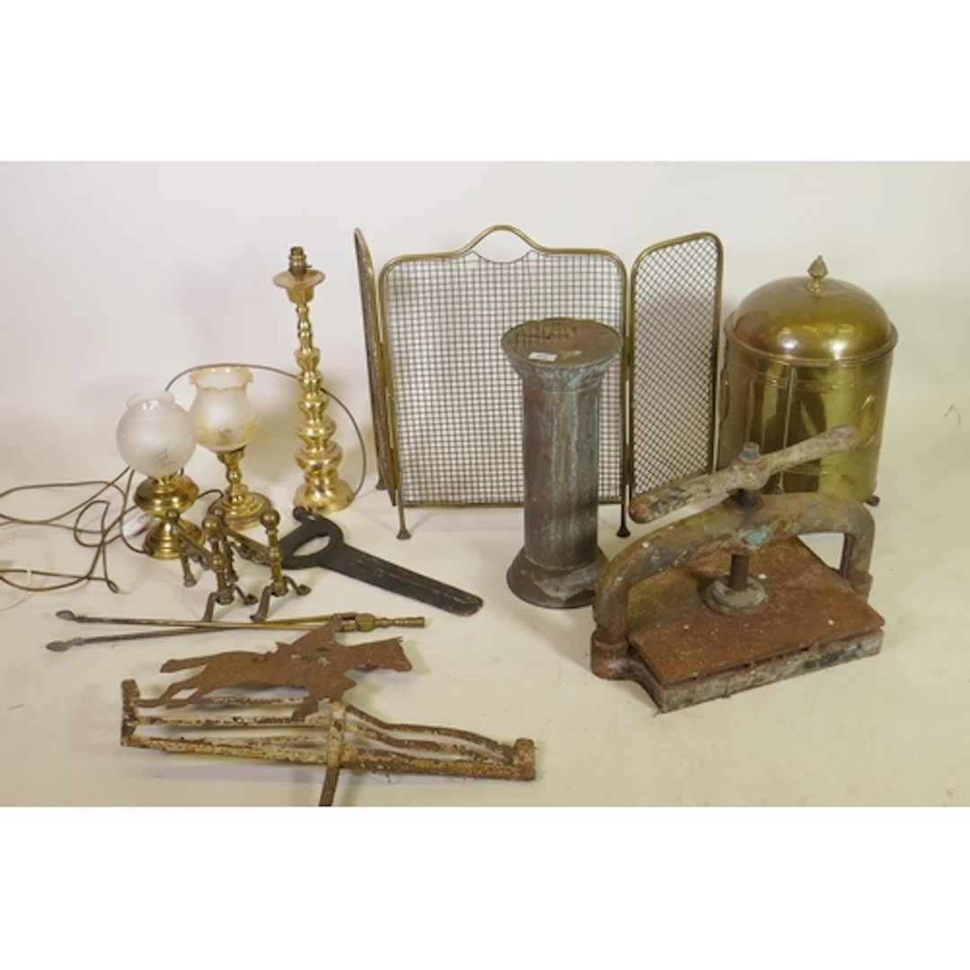 Antique iron bookpress, 34cm high, a painted iron weather va...