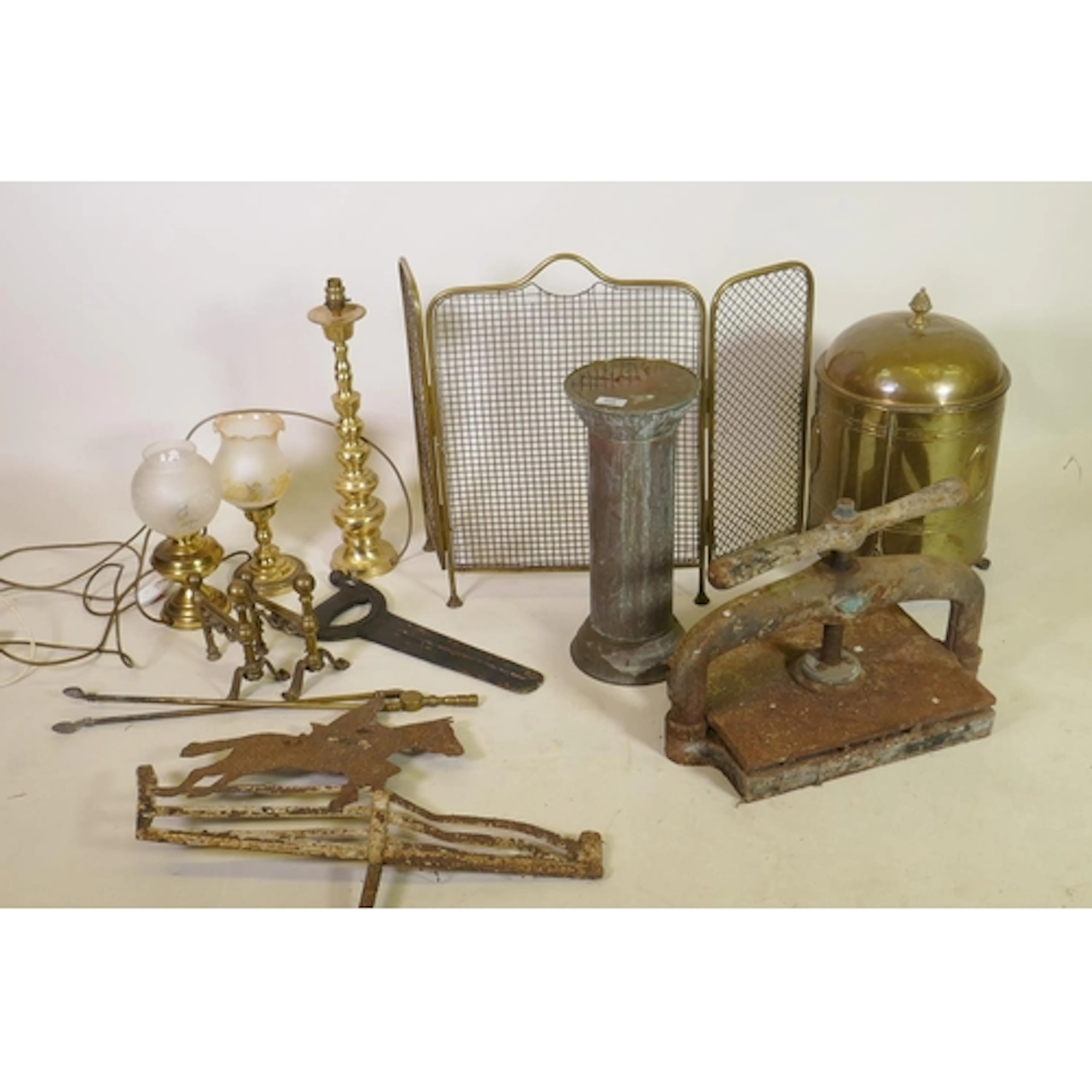 Antique iron bookpress, 34cm high, a painted iron weather va...
