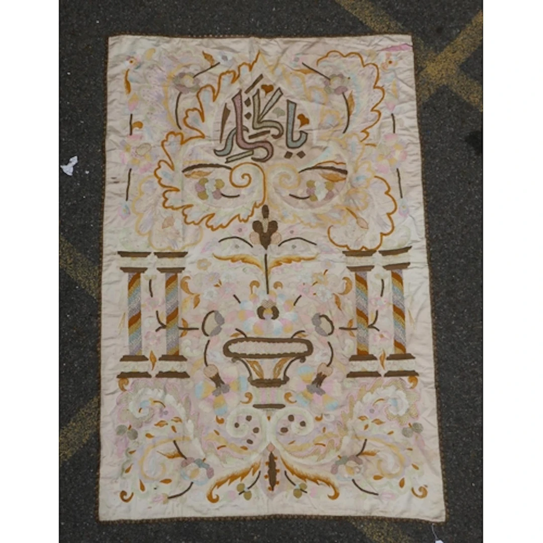 An antique Anatolian silver and gilt silk embroidered throw/...