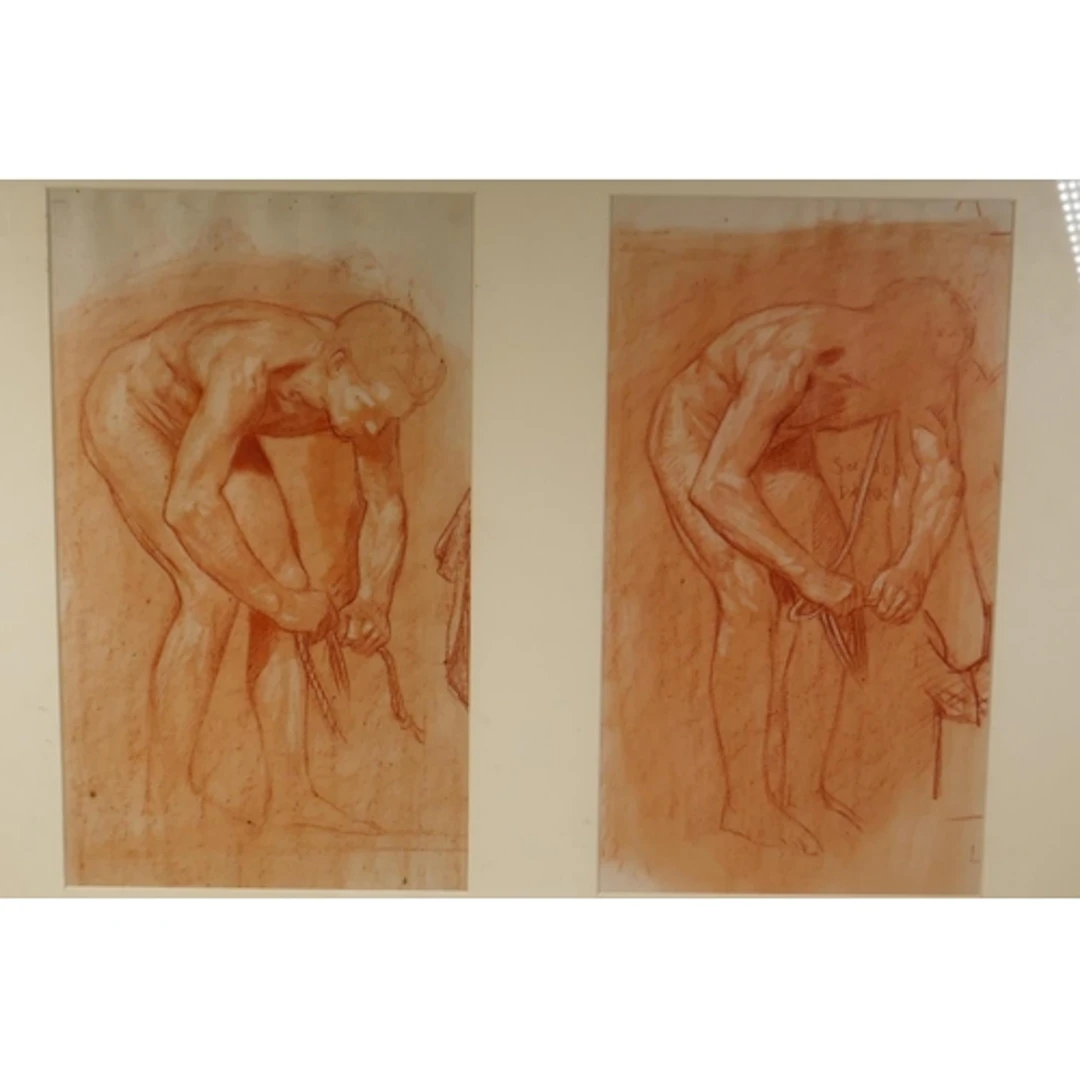 In the manner of Frank Brangwyn, men working, pair of sangui...