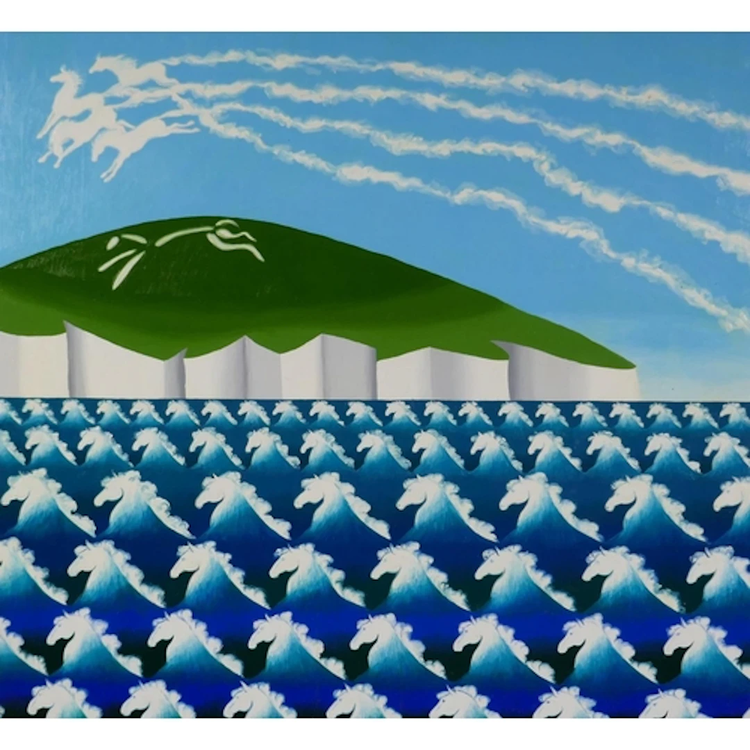 Julie Hine, (British, b.1945), horse clouds, waves and cliff...