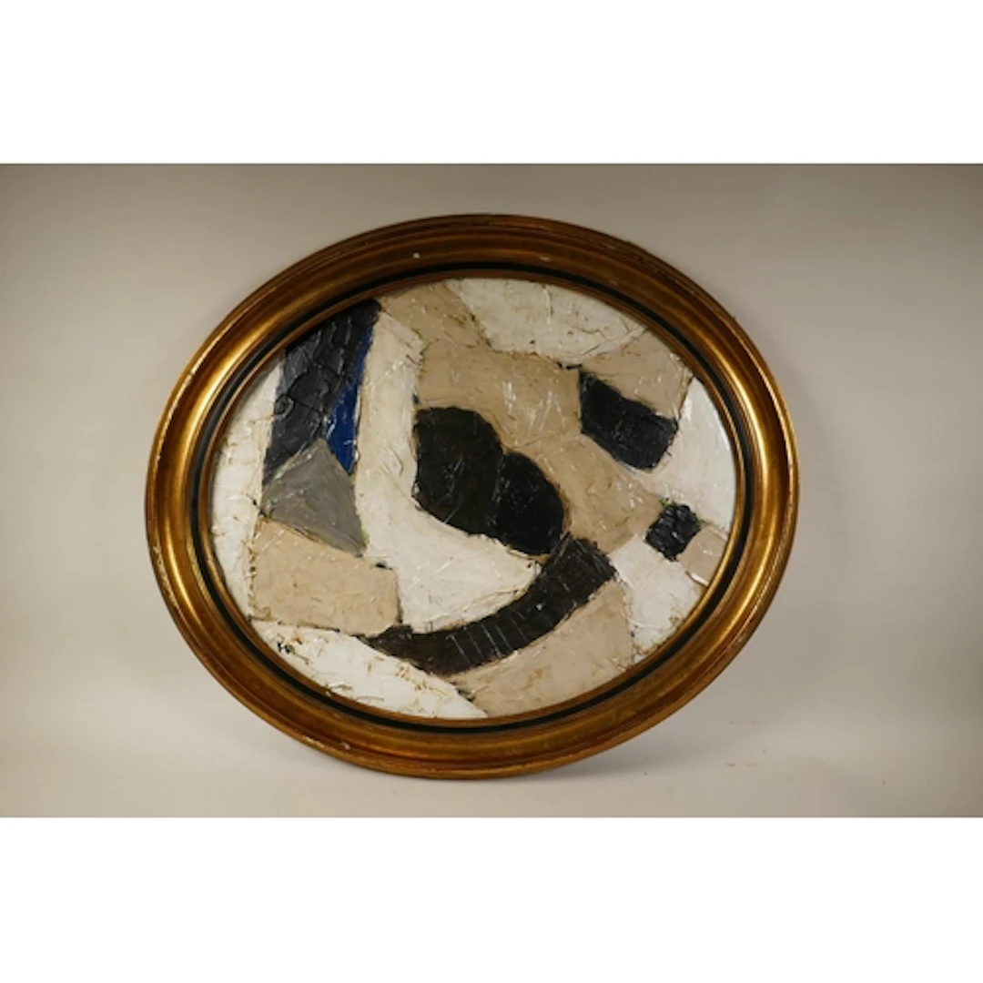 Post war abstract, oil on board, 60 x 50cm oval