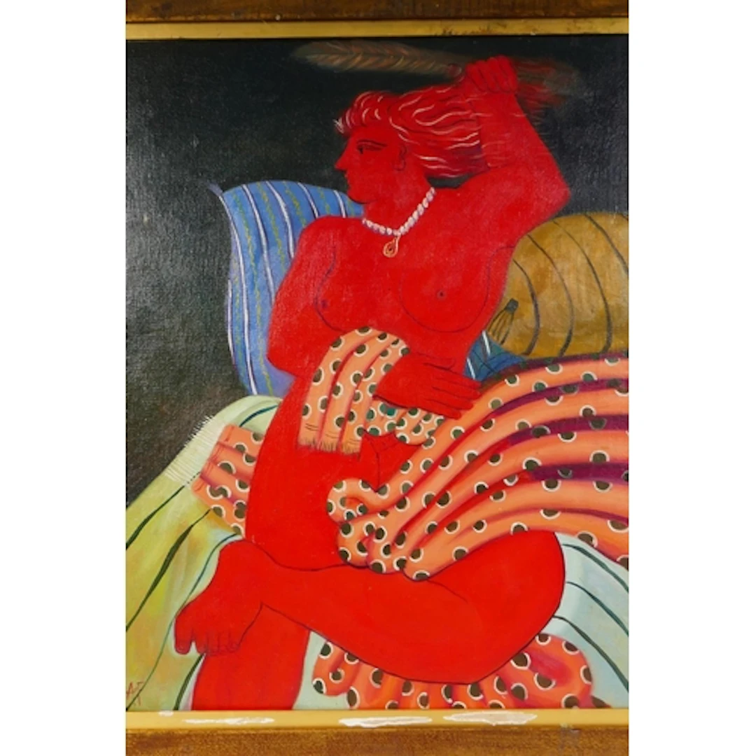 Greek School, female nude, initialled AF, oil on canvas laid...
