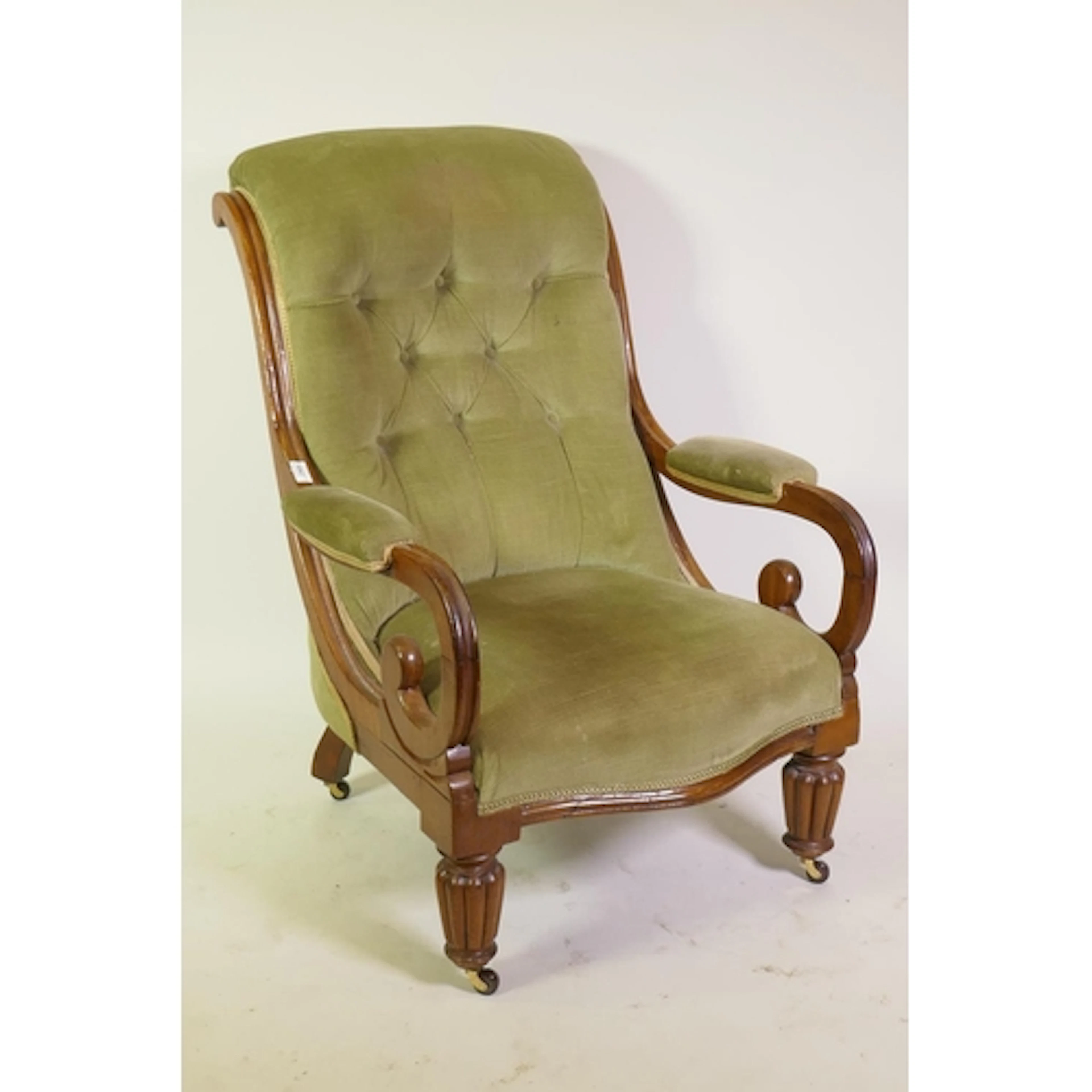 Victorian mahogany showframe open arm chair with scroll arms...