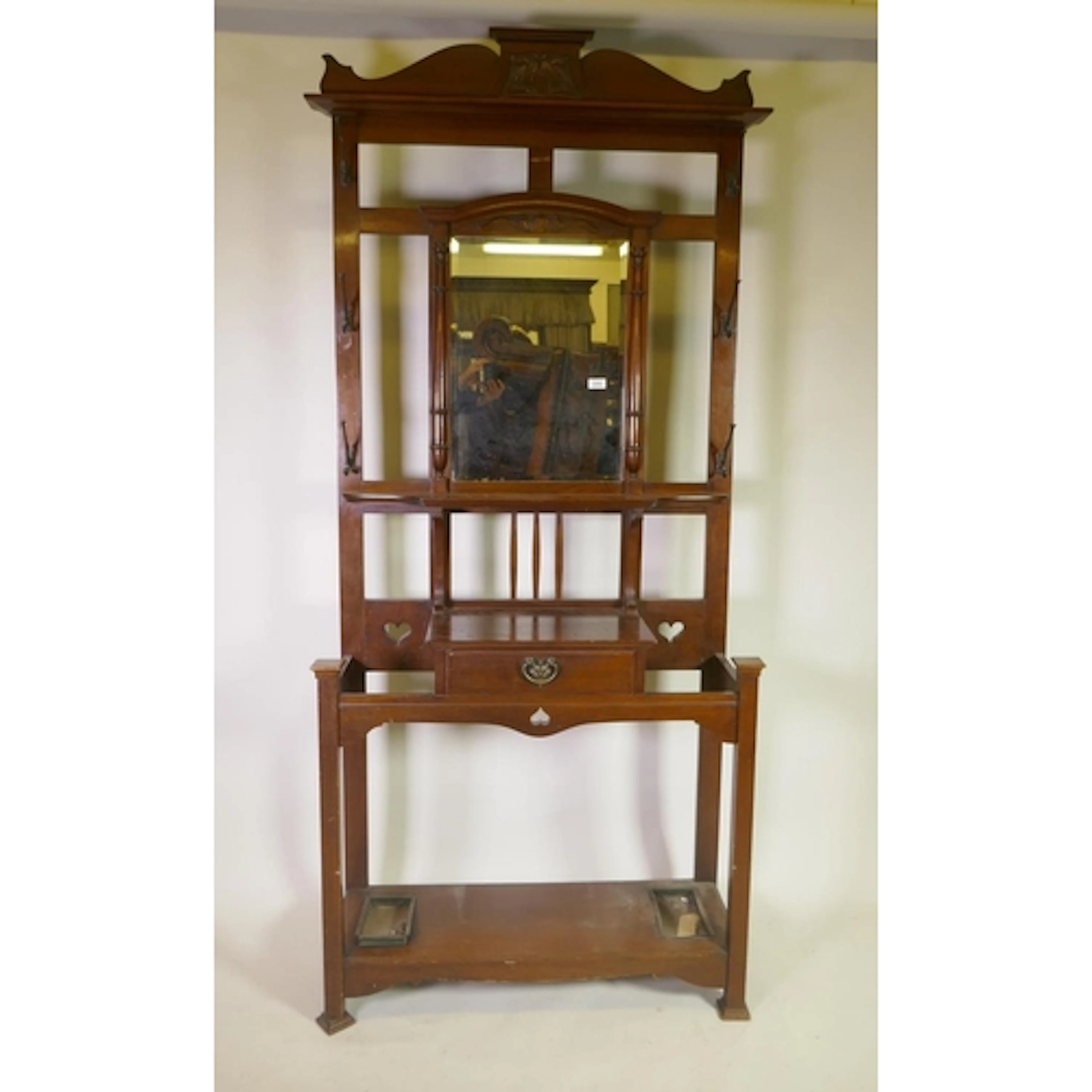 Victorian Art Nouveau walnut hall stand with carved decorati...