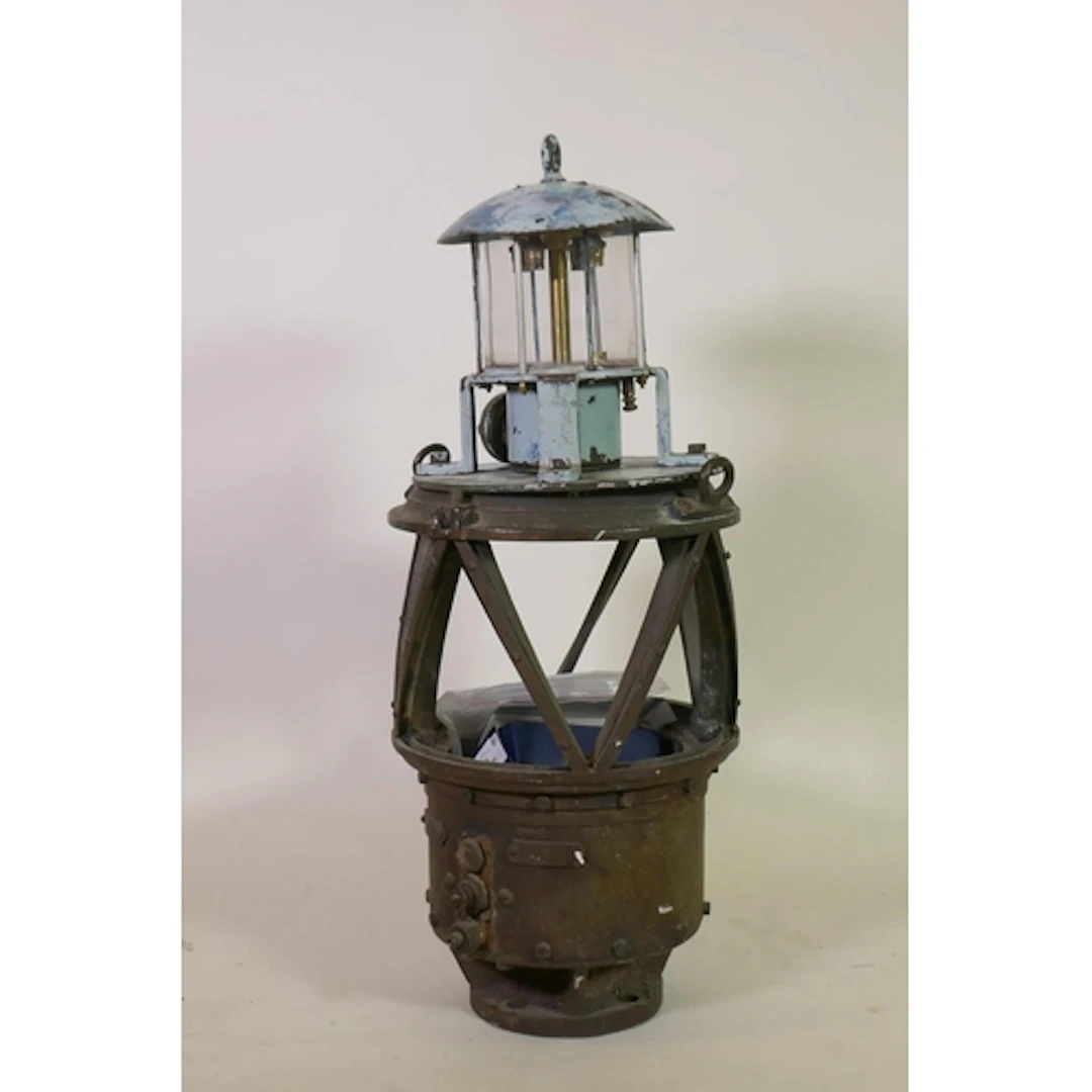 Antique maritime bronze navigation lamp, 86cm high, later pa...