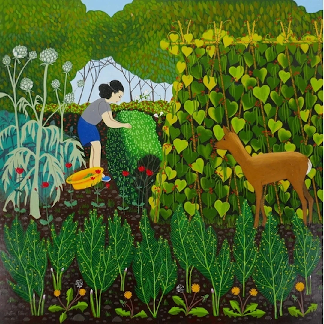 Julie Hine, (British, b.1945), Avril Picking Peas, naive/fol...