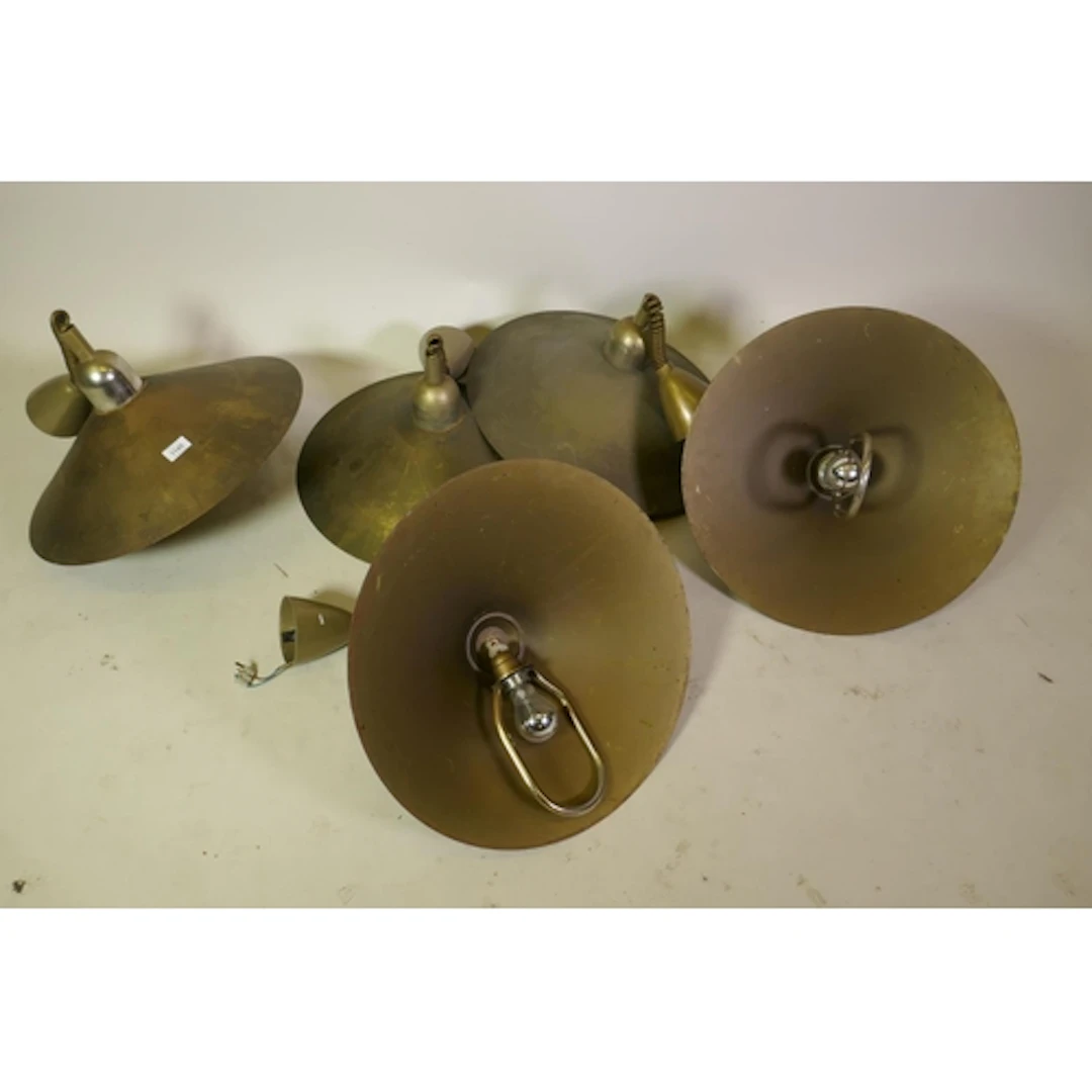 Five telescopic brass hanging ceiling lights, some AF, 50cm ...