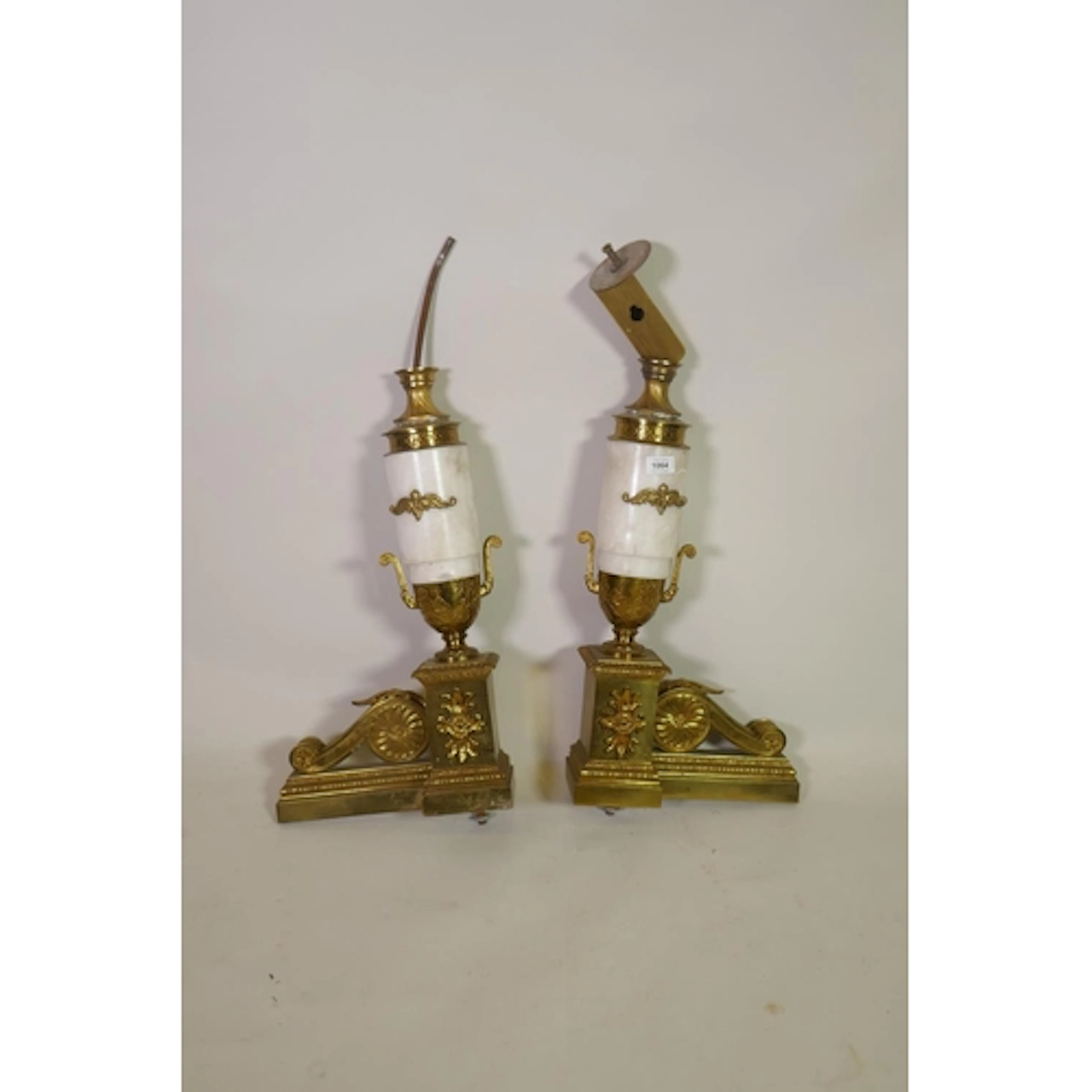 Pair of alabaster and ormolu mounted andirons converted to l...