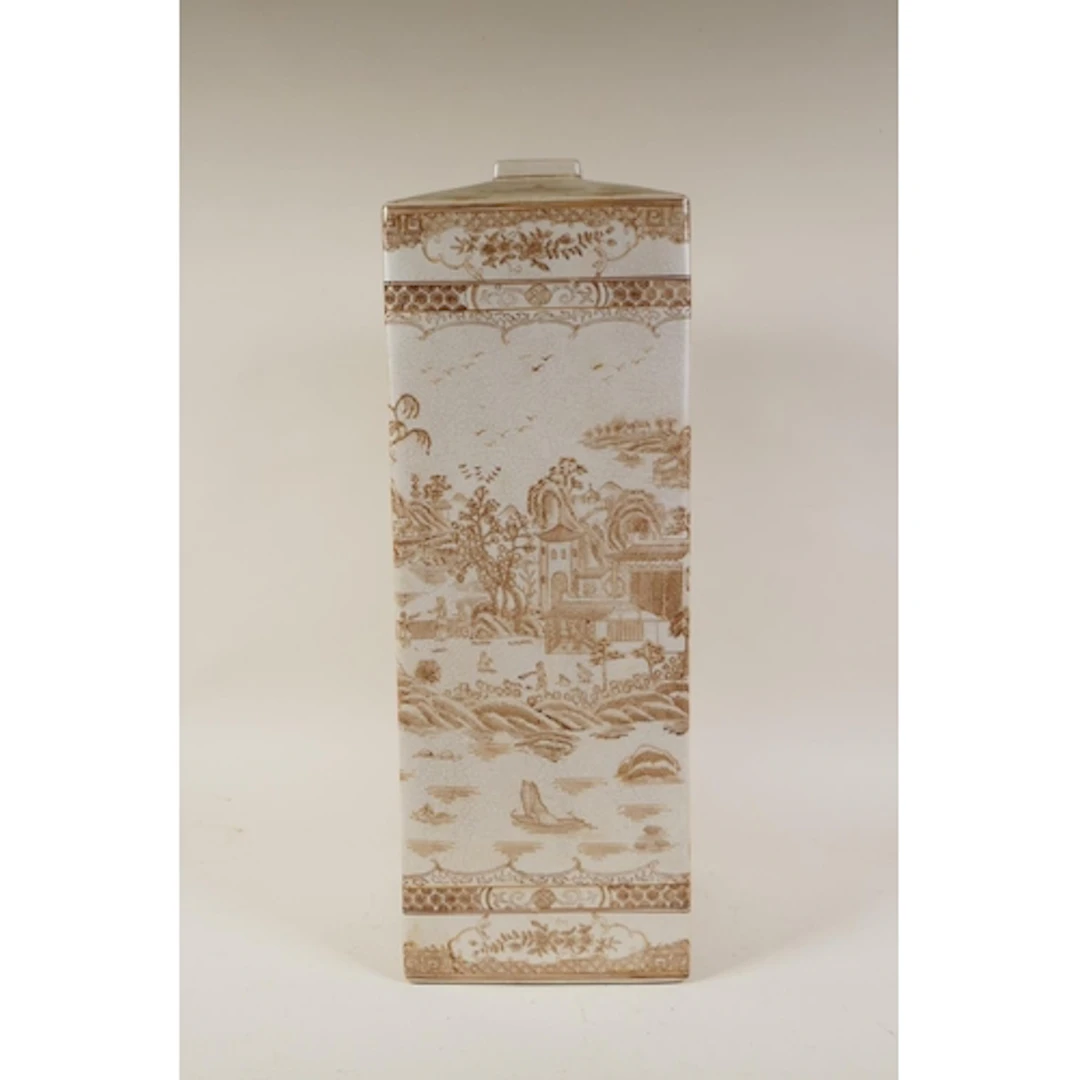 A crackleware square form vase with sepia toned chinoiserie ...