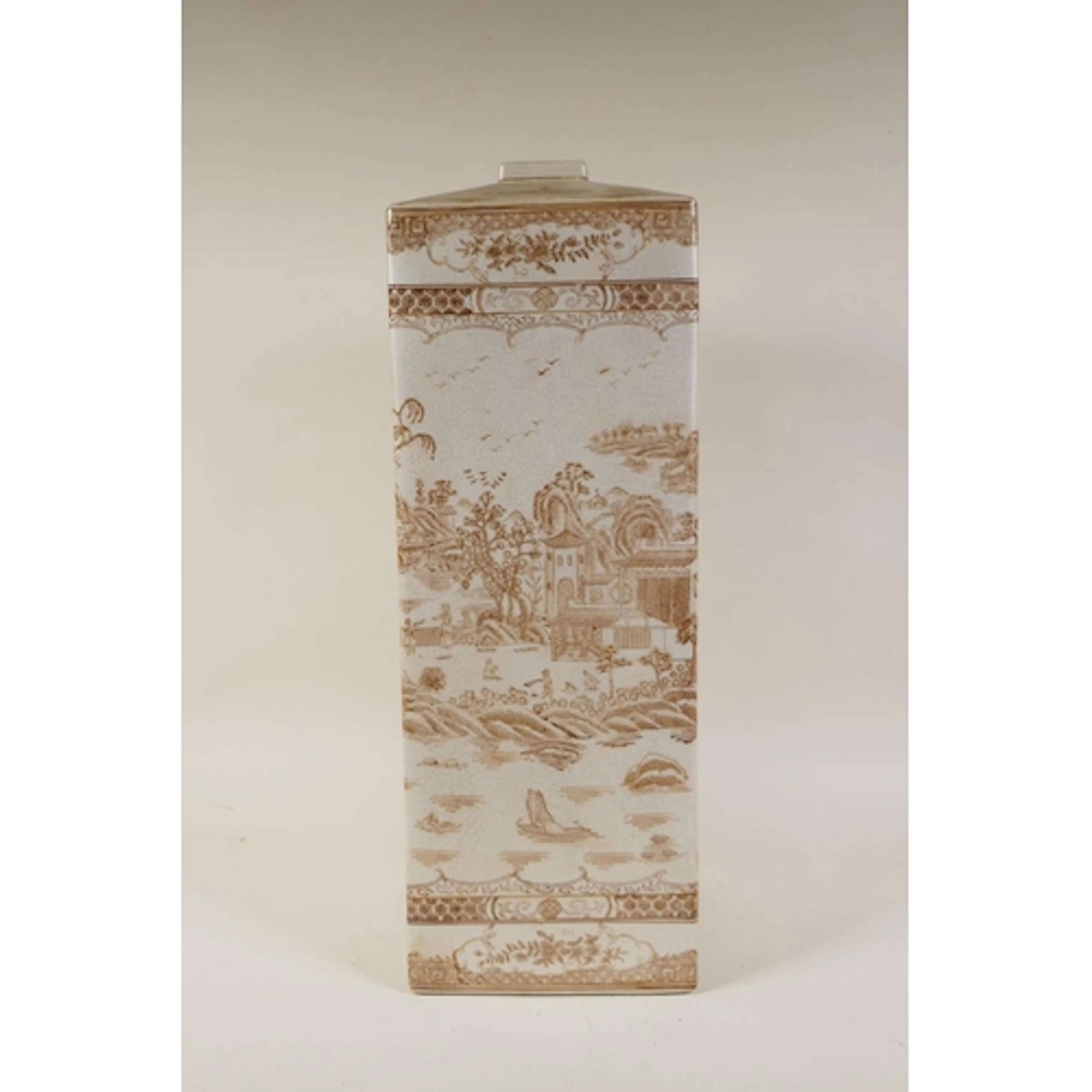 A crackleware square form vase with sepia toned chinoiserie ...
