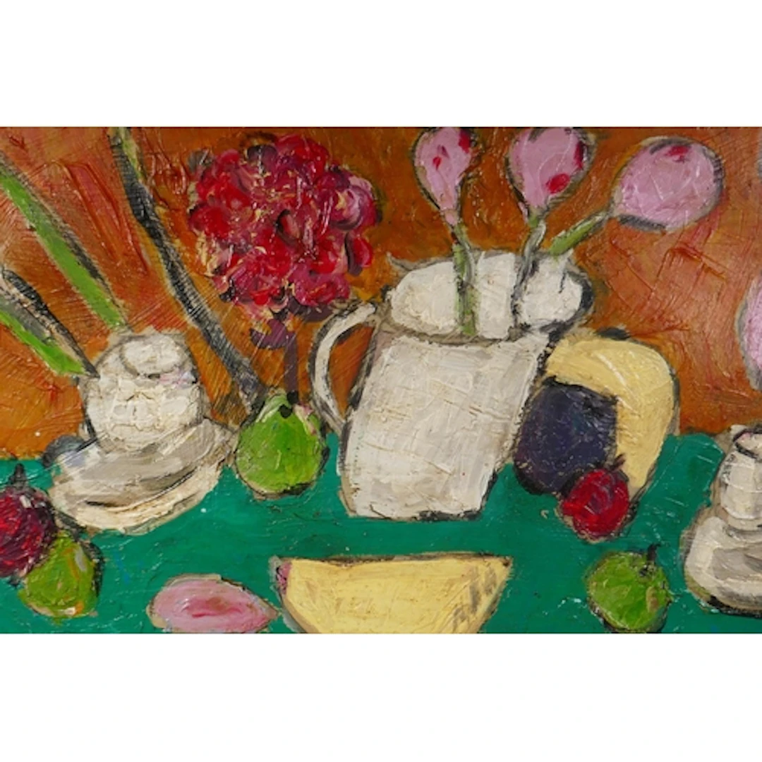 Abstract, still life with vase of flowers, indistinctly sign...