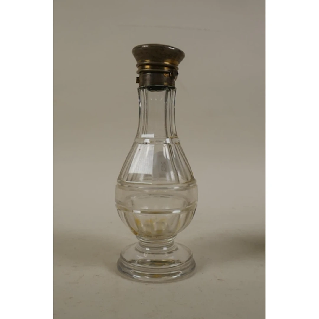Antique cut glass scent bottle with white metal mount, 16cm ...
