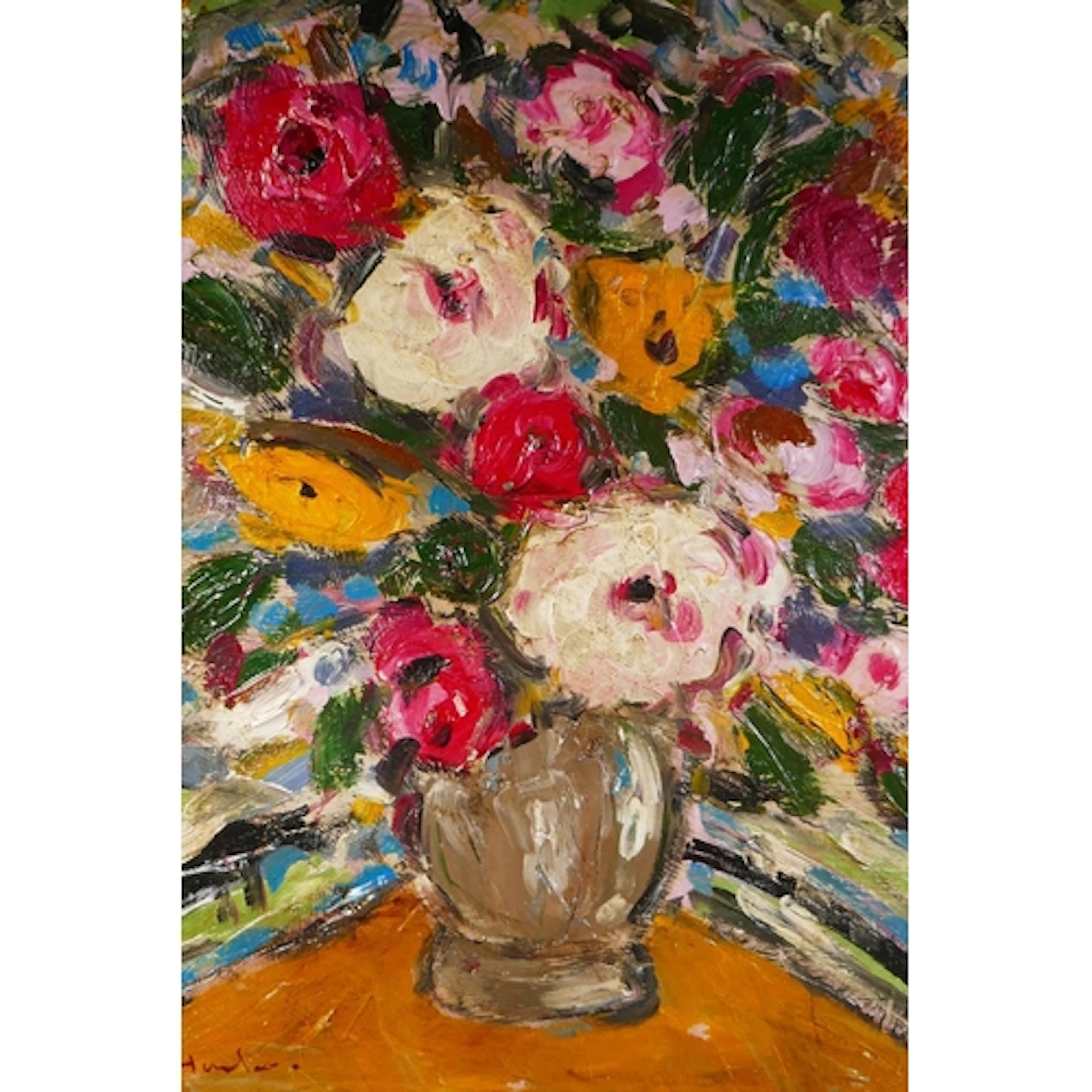 Expressionist still life, vase of flowers, indistinctly sign...