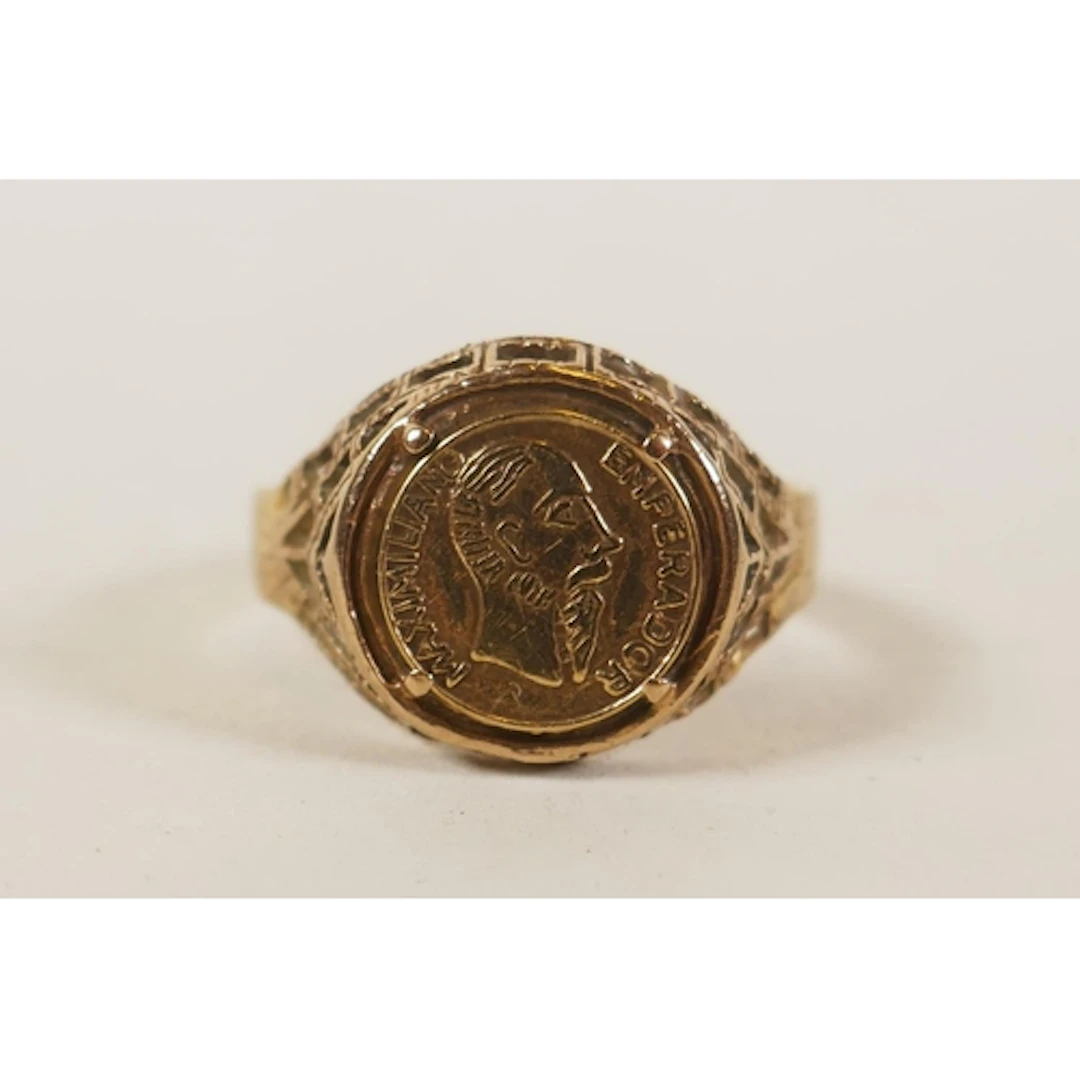 An 1865 Maximiliano Emperador peso gold token signet ring, w...