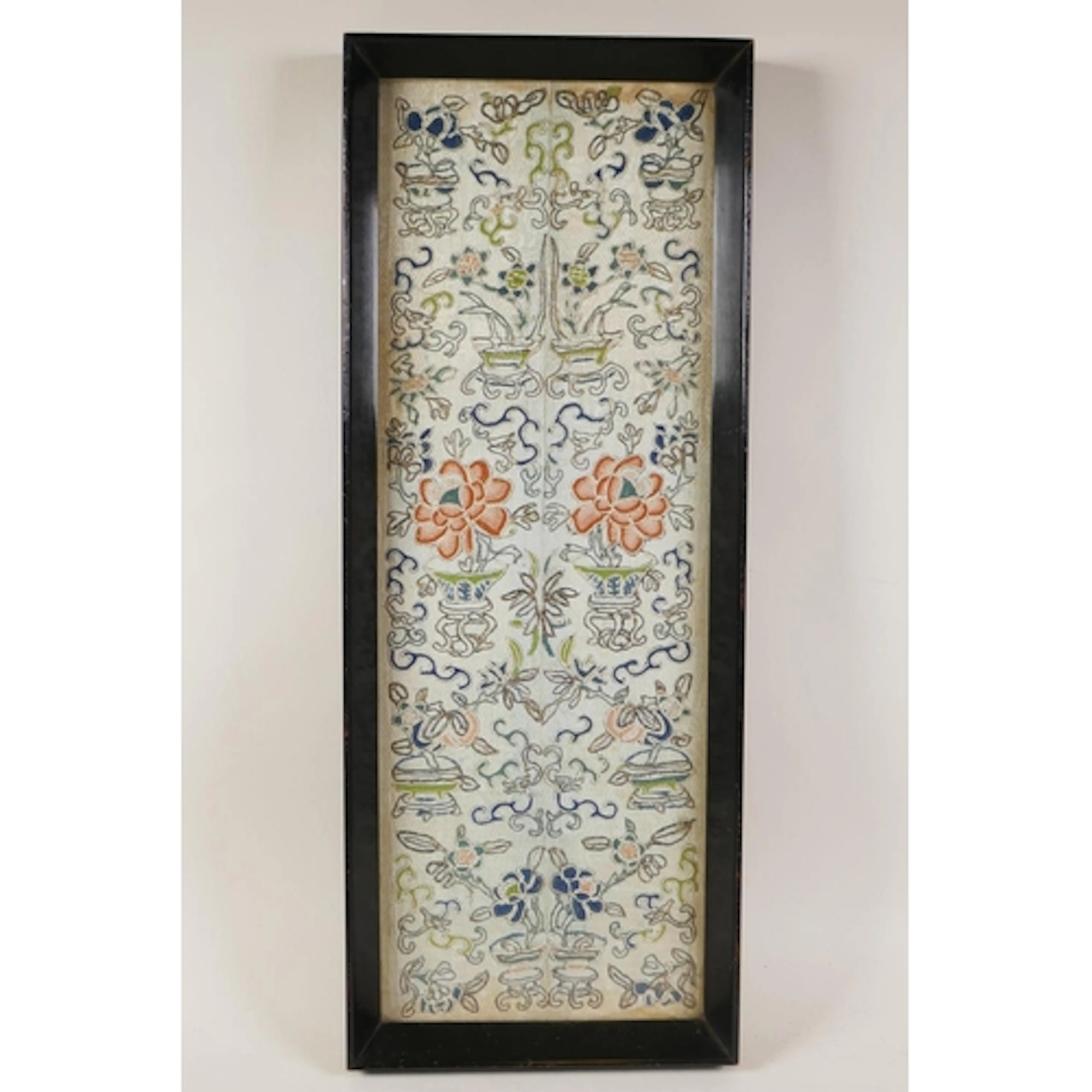 A set of Chinese late C19th embroidered silk robe sleeve cuf...