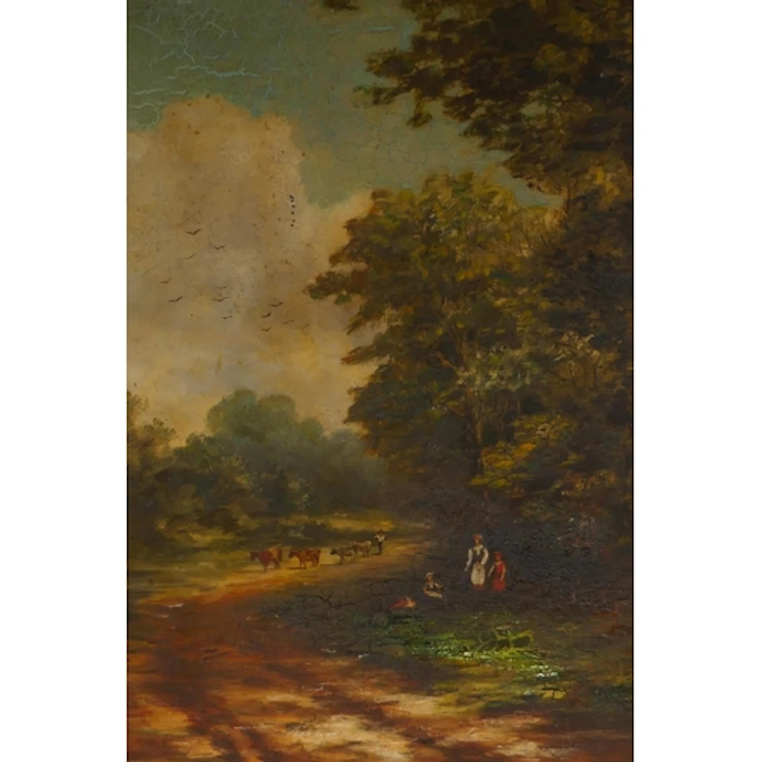 C19th pastoral scene with drover and cattle on a track, unsi...