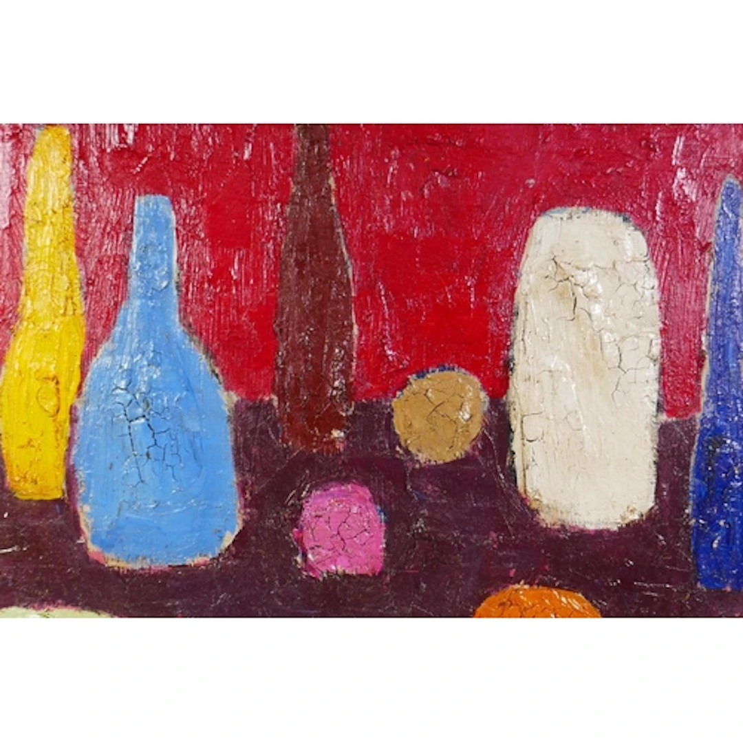 Abstract still life with vases and bottles, oil on board, 55...