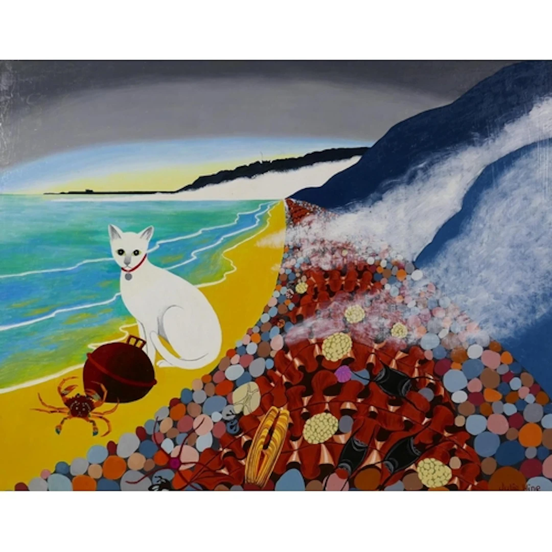 Julie Hine, (British, b.1945), Cat on Lyme Beach, naive/folk...