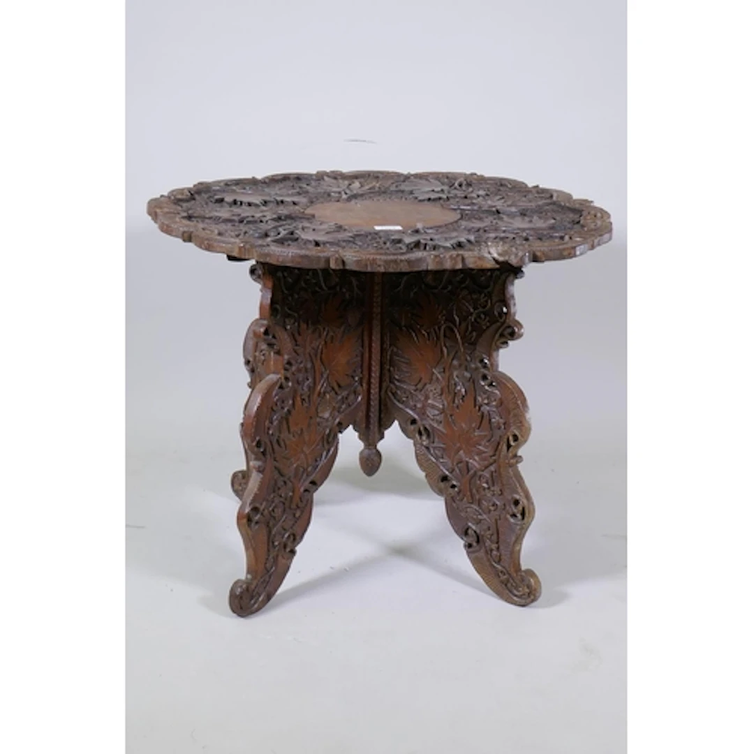Antique oriental carved wood occasional table, decorated wit...