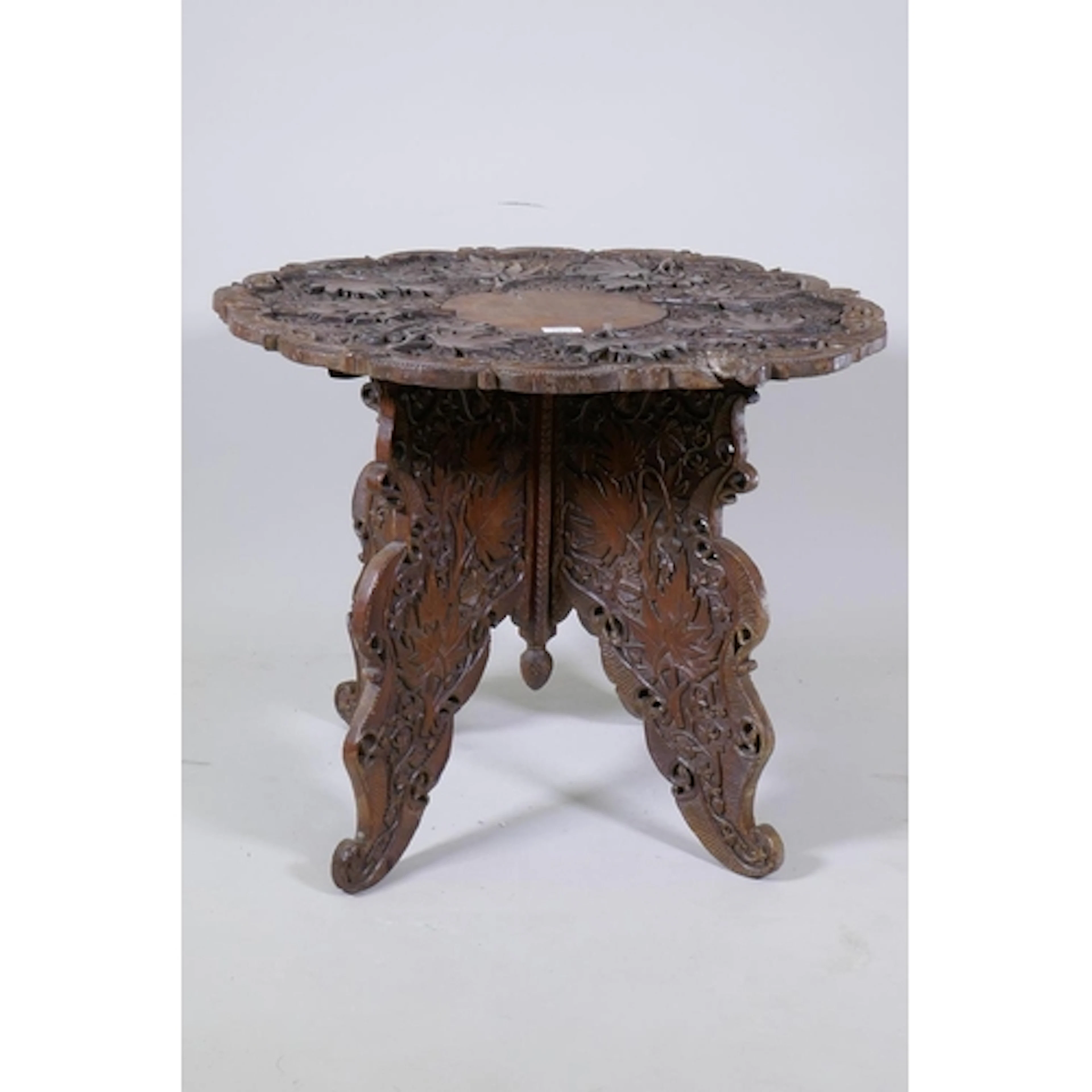 Antique oriental carved wood occasional table, decorated wit...