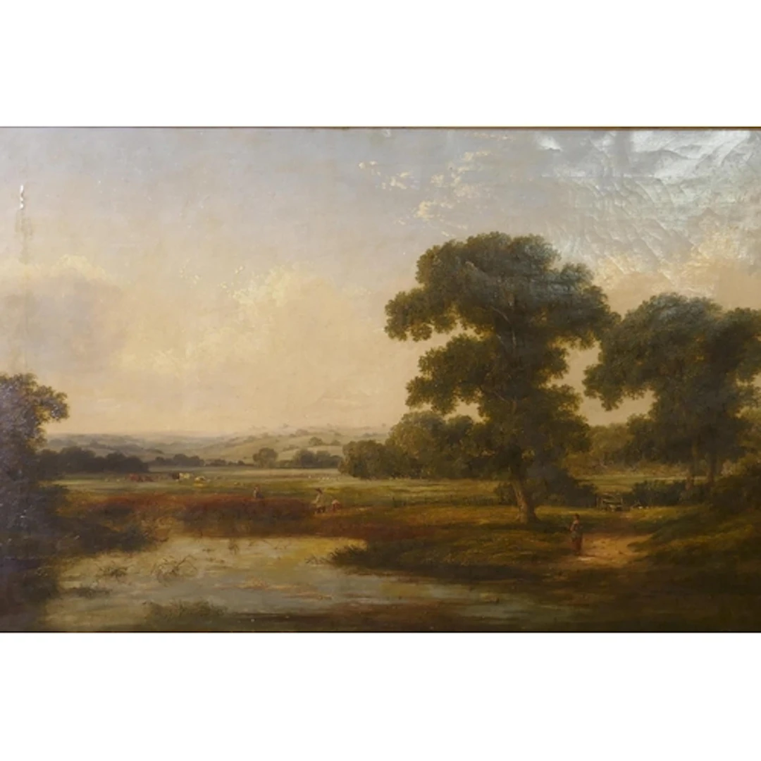 English school, C19th, landscape with figures by a pond, 101...