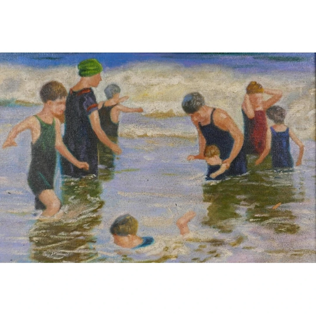 American impressionist, boys playing in the surf, bears sign...