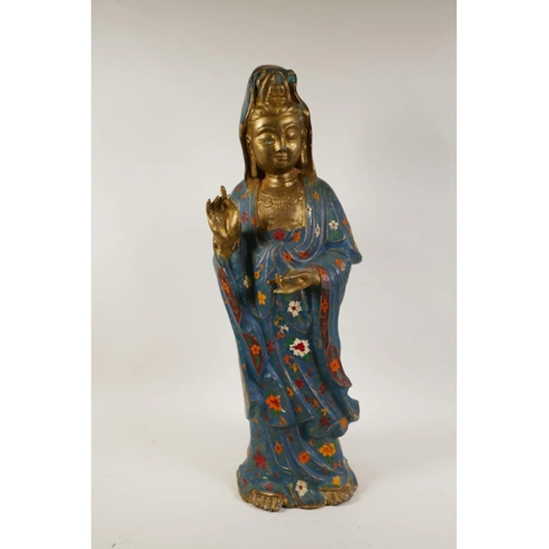 A Chinese filled gilt bronze Quan Yin with cloisonne robe, 5...
