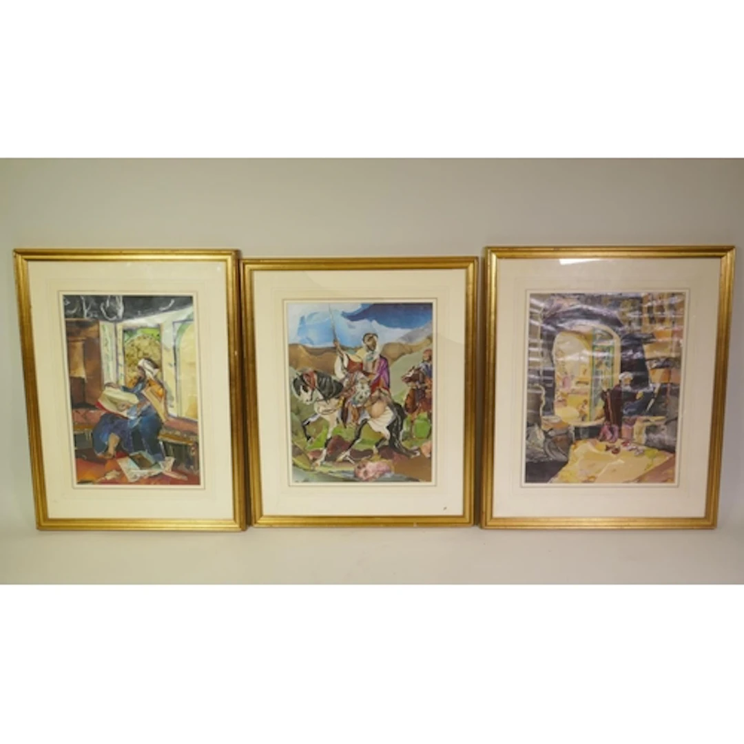 Min Hain, (British, C20th), three orientalist style collages...