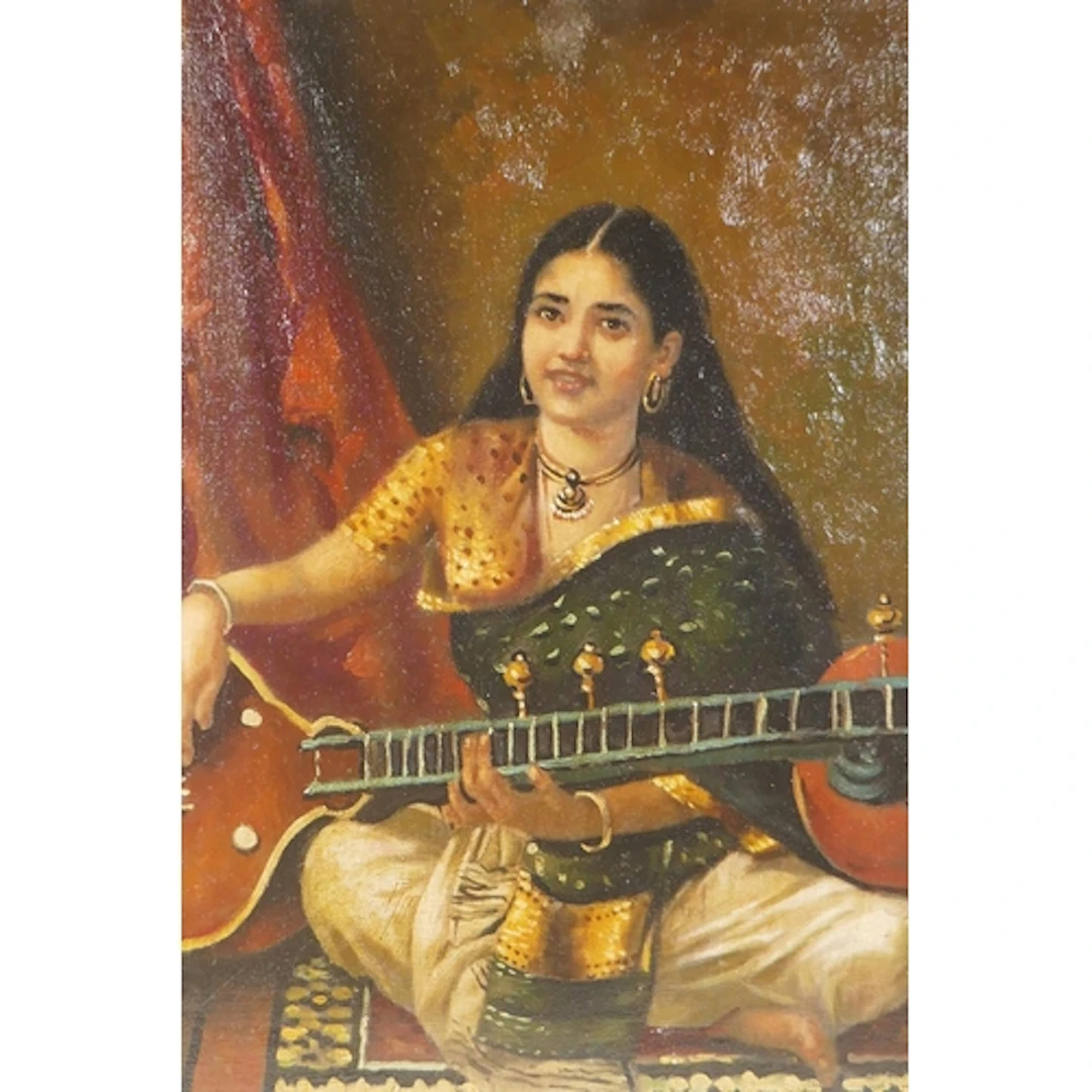 Indian School, young woman with a veena, monogrammed, unfram...
