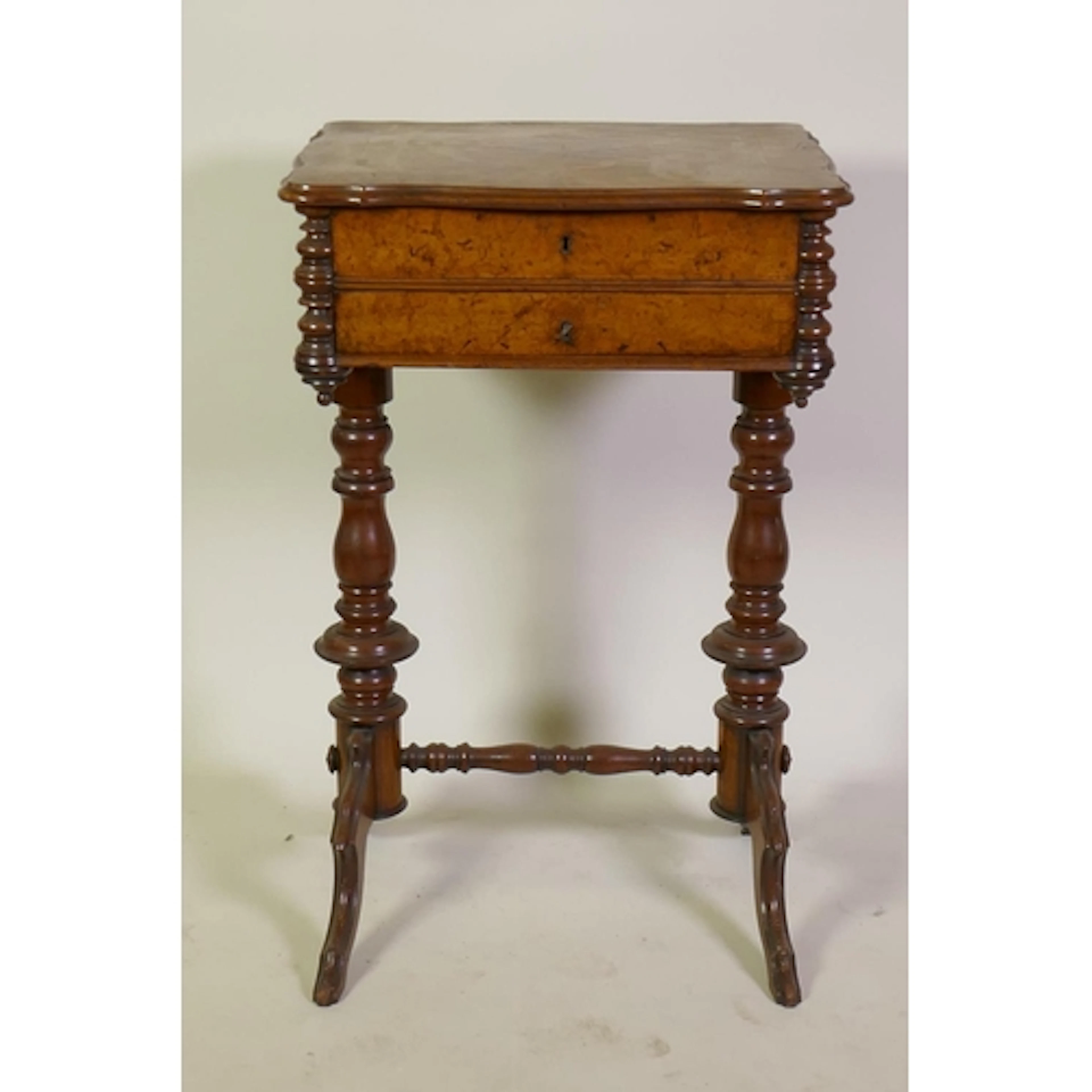 C19th Continental figured walnut and rosewood work table, th...