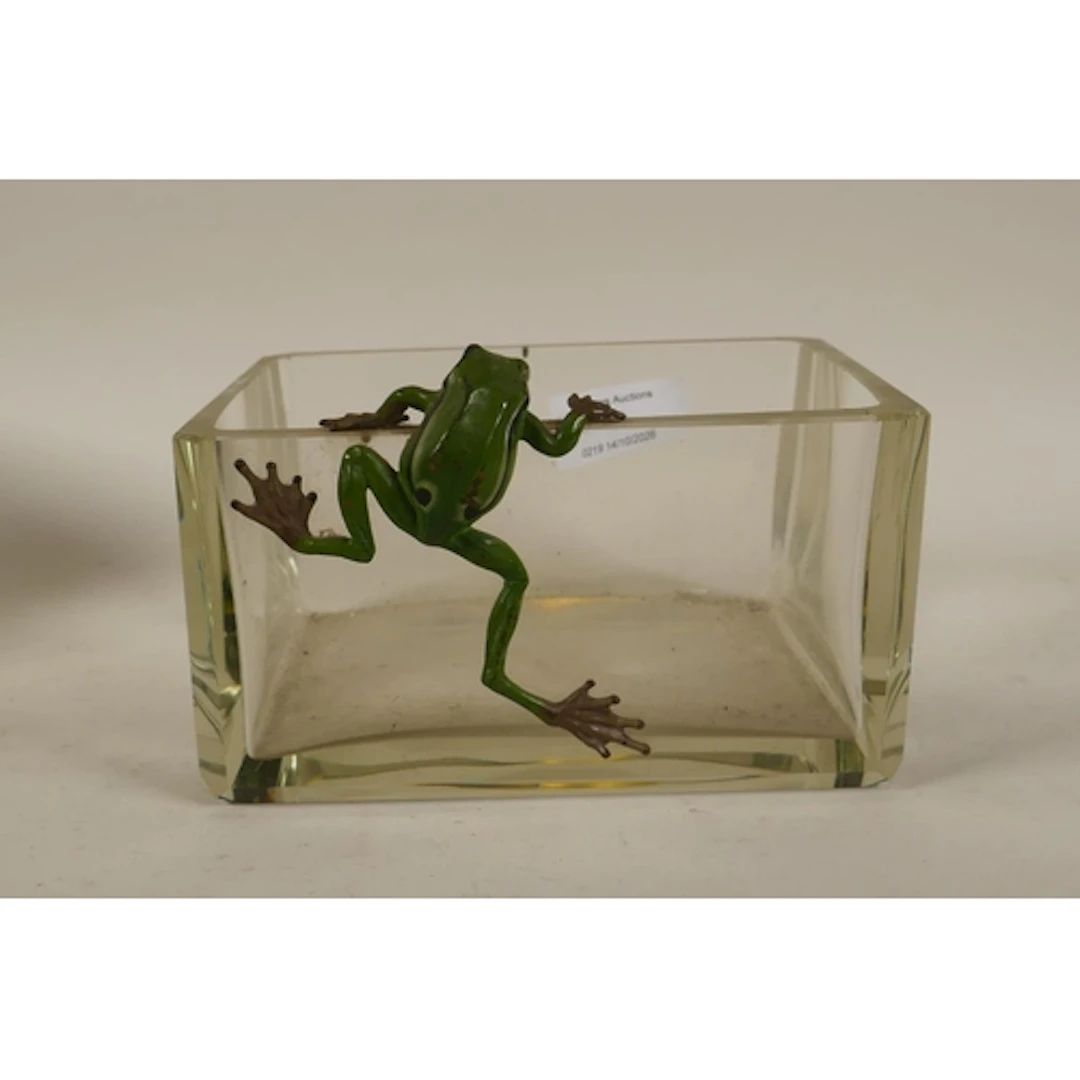 Antique glass bowl with cold painted bronze frog mount, 15 x...