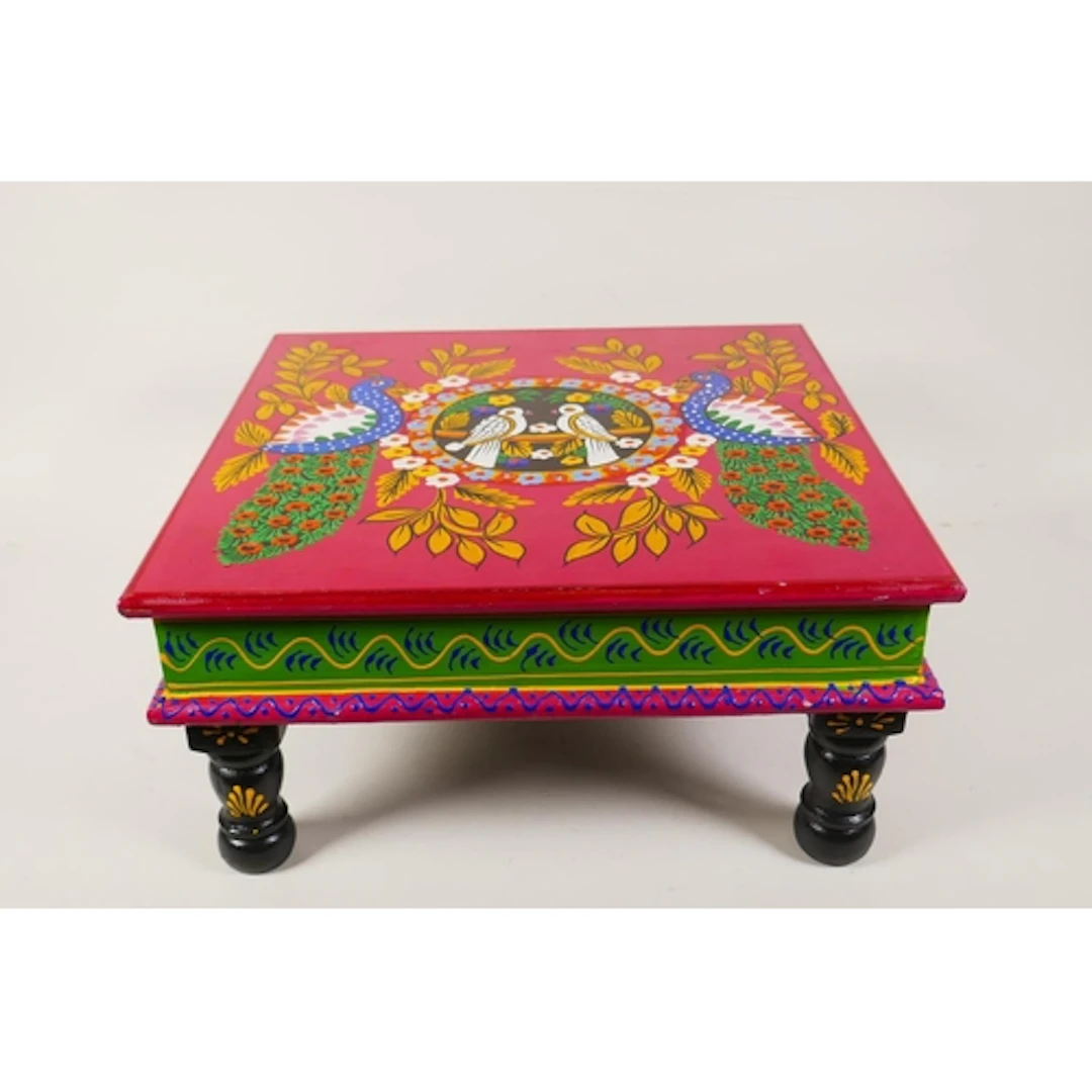 A vibrantly painted wood Indian low table/stand, 36 x 36cm, ...