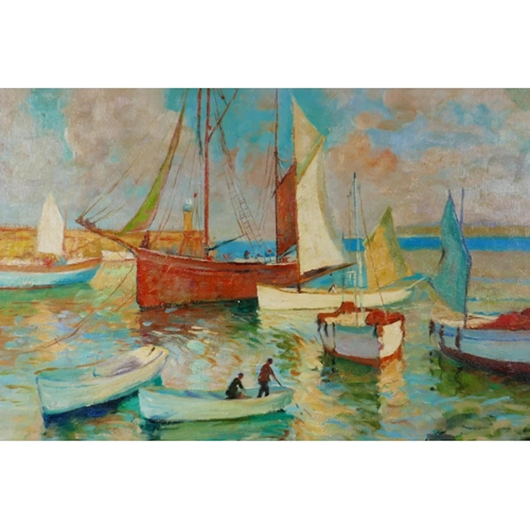 Impressionist style, shipping scene with moored boats, oil o...
